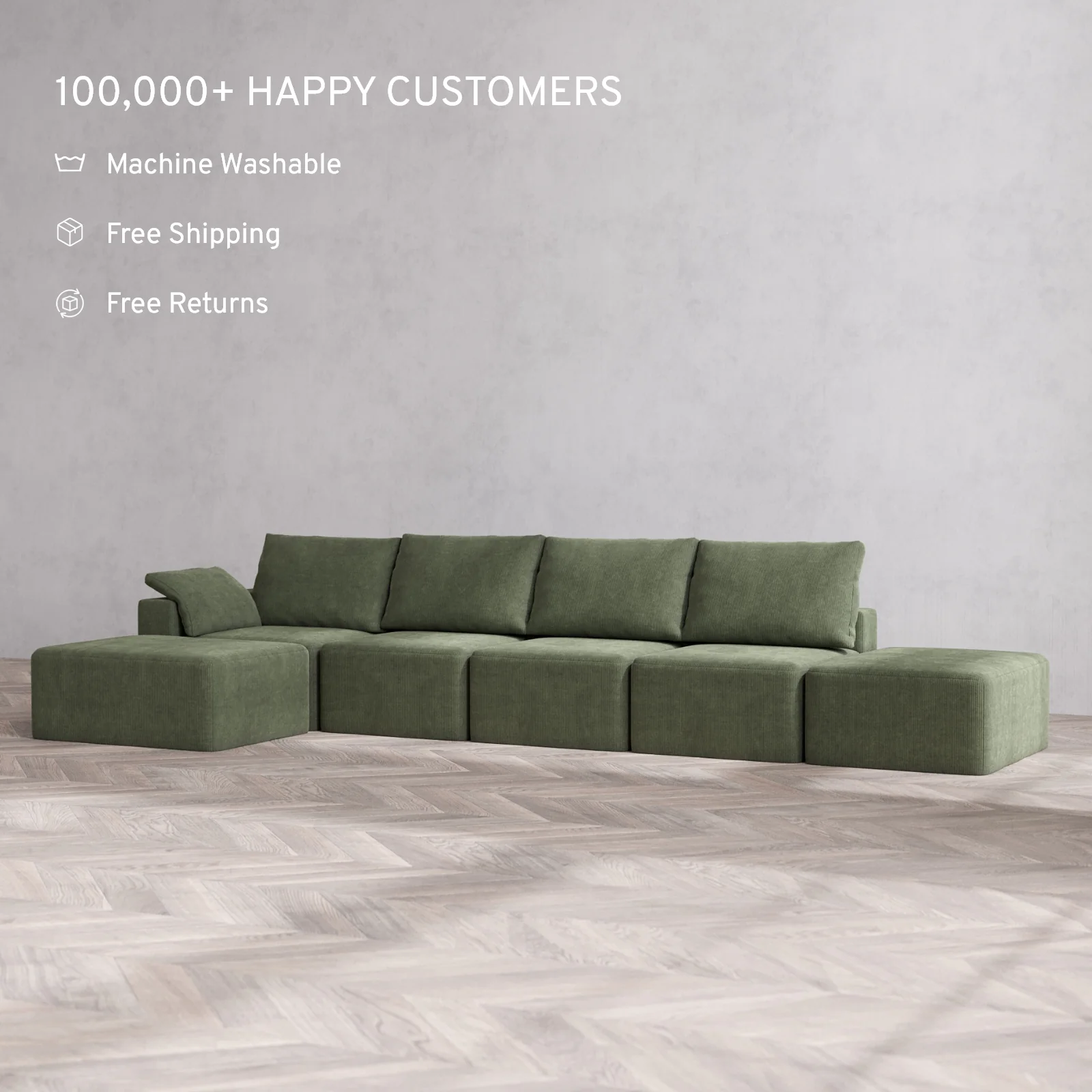 Modular Washable 4-Seater Open End Chaise Sectional Cloud + Bolster Sofa | Left-Facing Arm | Luxe Corduroy in Juniper - Image 2