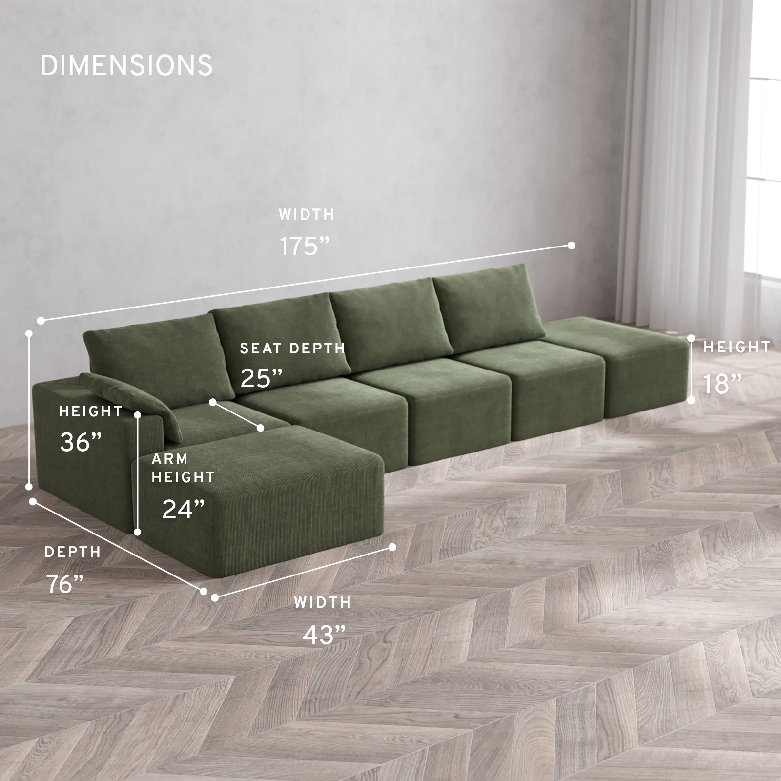 Modular Washable 4-Seater Open End Chaise Sectional Cloud + Bolster Sofa | Left-Facing Arm | Luxe Corduroy in Juniper - Image 5