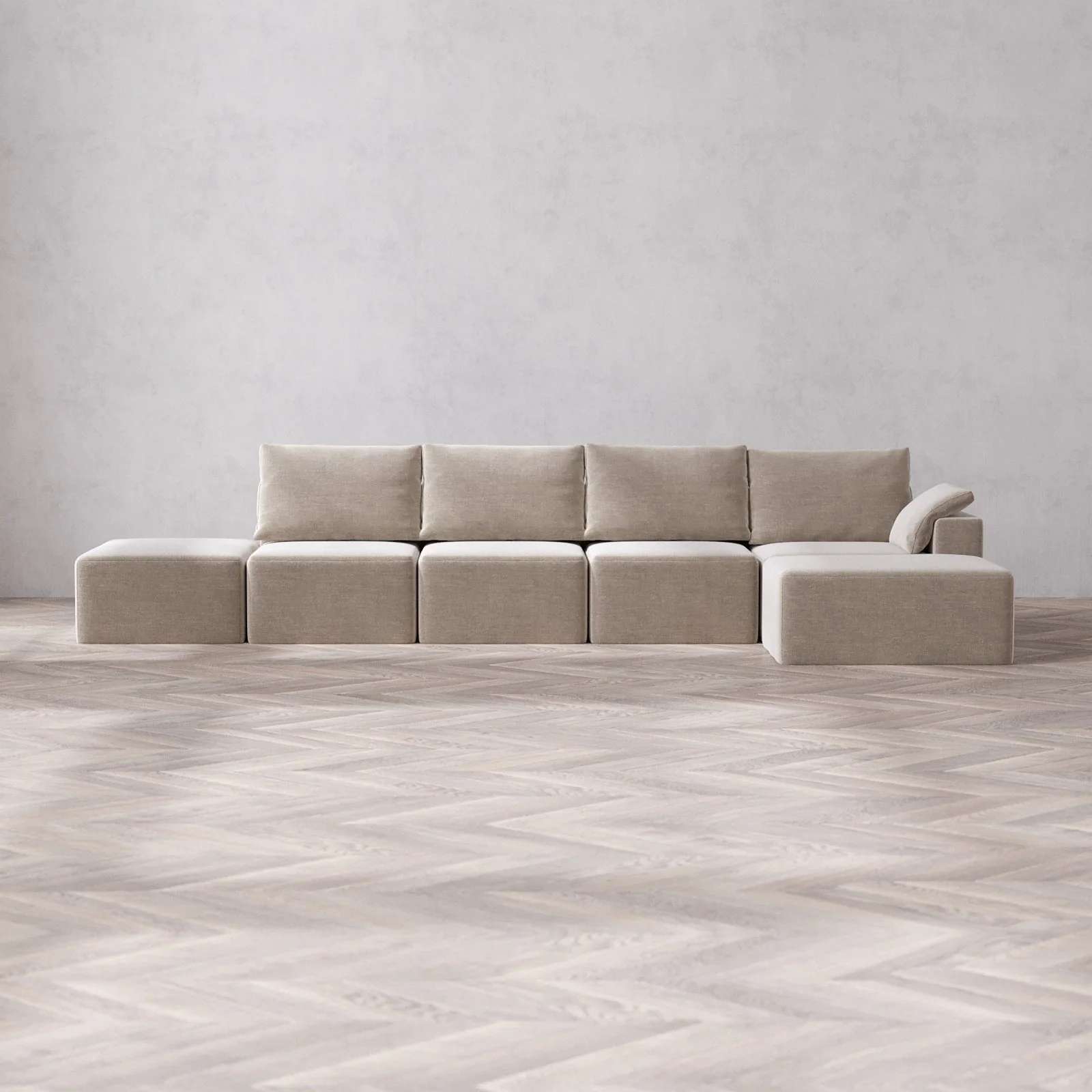 Modular Washable 4-Seater Open End Chaise Sectional Cloud + Bolster Sofa | Right-Facing Arm | Satin Velvet in Caraway