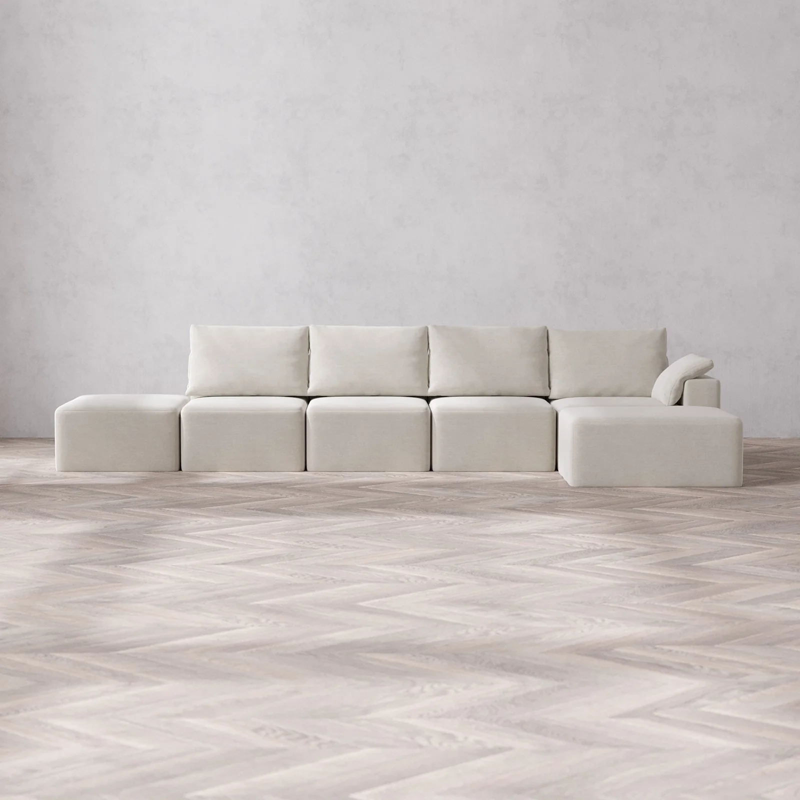 Modular Washable 4-Seater Open End Chaise Sectional Cloud + Bolster Sofa | Right-Facing Arm | Satin Velvet in Cashew