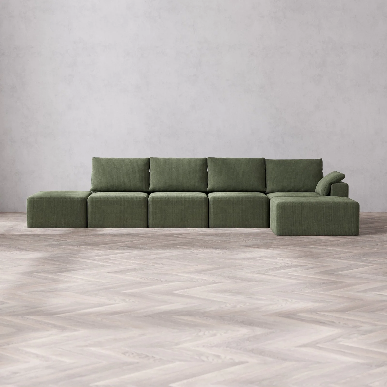 Modular Washable 4-Seater Open End Chaise Sectional Cloud + Bolster Sofa | Right-Facing Arm | Luxe Corduroy in Juniper