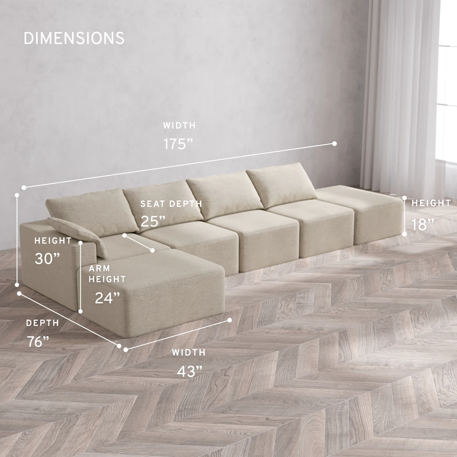 Modular Washable 4-Seater Open End Chaise Sectional Cloud Sofa | Left-Facing Arm | Plush Twill in Sandstone - Image 5