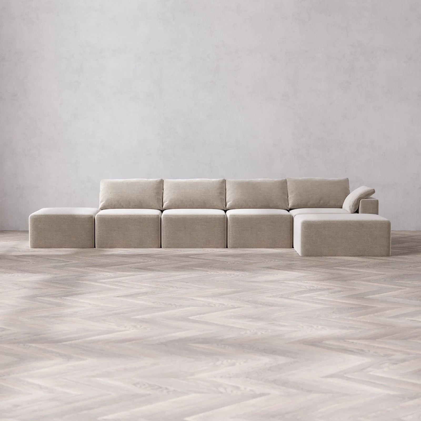 Modular Washable 4-Seater Open End Chaise Sectional Cloud Sofa | Right-Facing Arm | Satin Velvet in Caraway