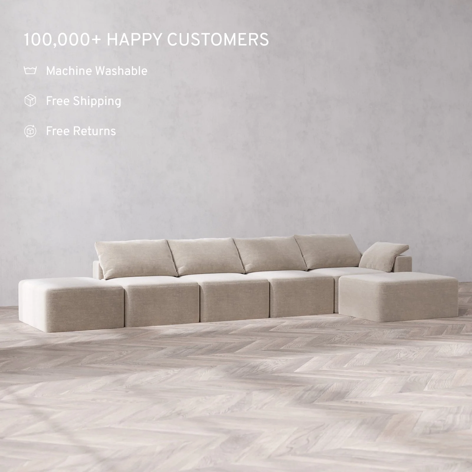 Modular Washable 4-Seater Open End Chaise Sectional Cloud Sofa | Right-Facing Arm | Satin Velvet in Caraway - Image 2