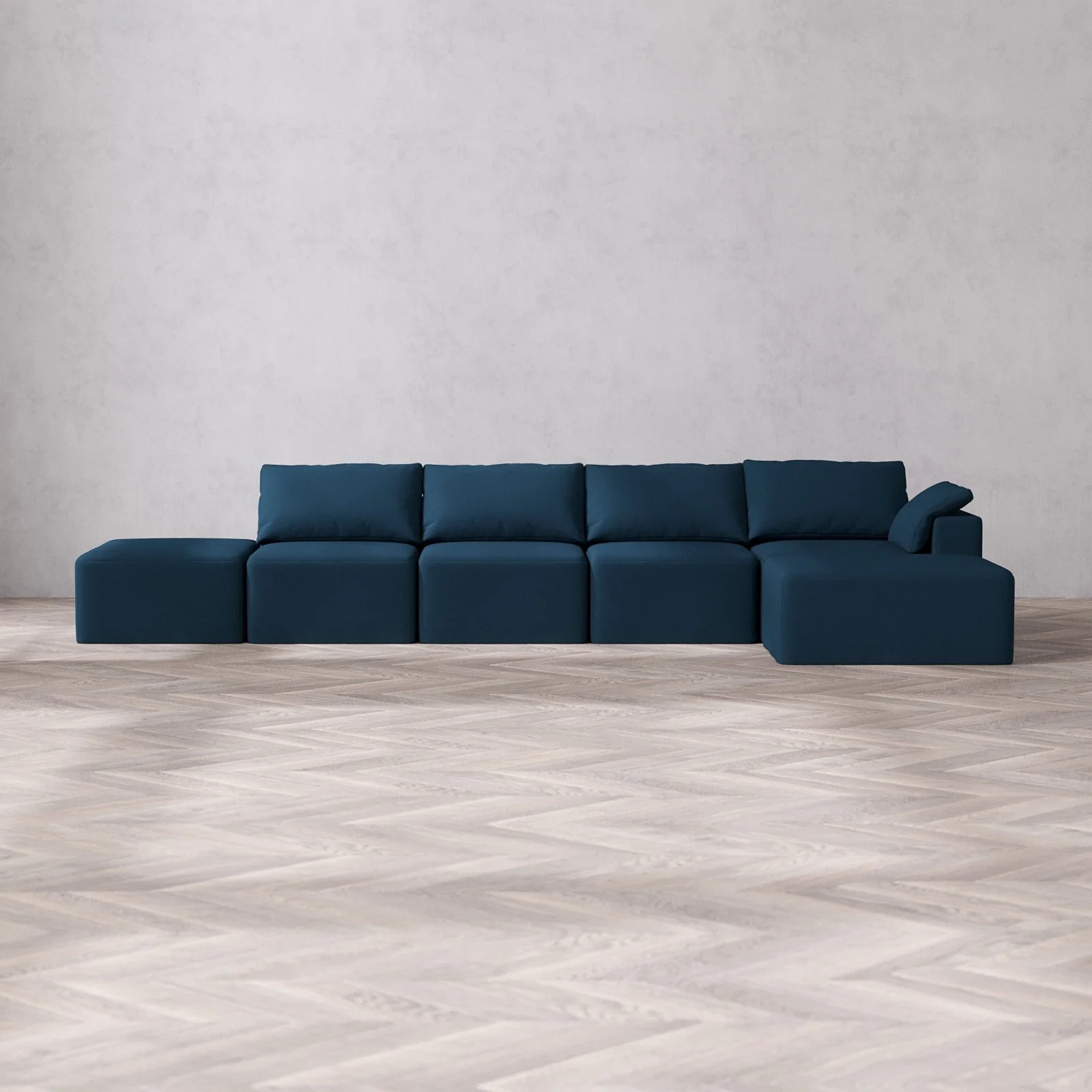 Modular Washable 4-Seater Open End Chaise Sectional Cloud Sofa | Right-Facing Arm | Arden Weave in Lazuli