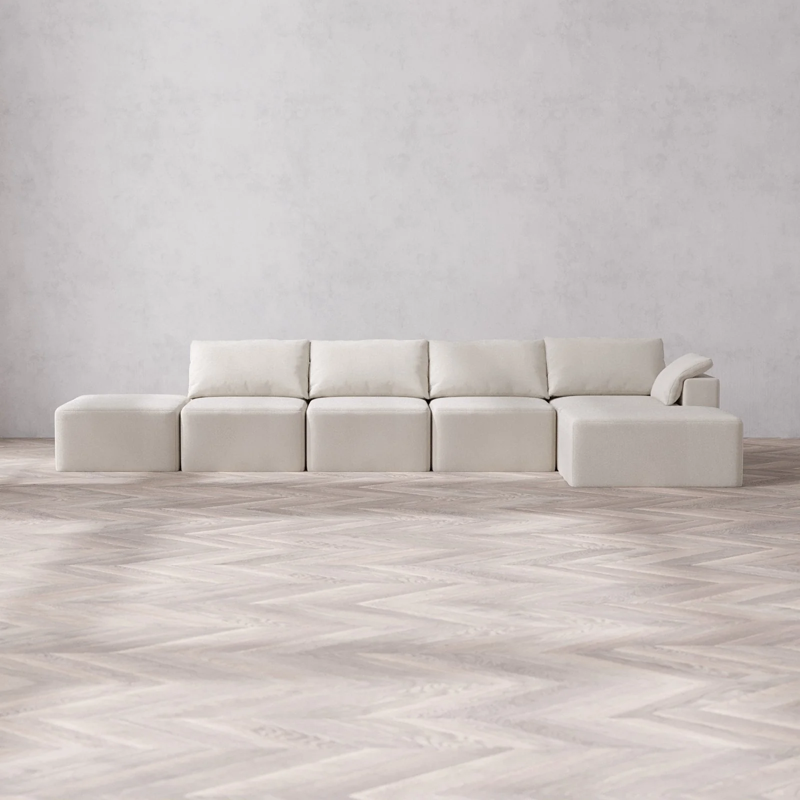 Modular Washable 4-Seater Open End Chaise Sectional Cloud Sofa | Right-Facing Arm | Lux Weave in Pearl