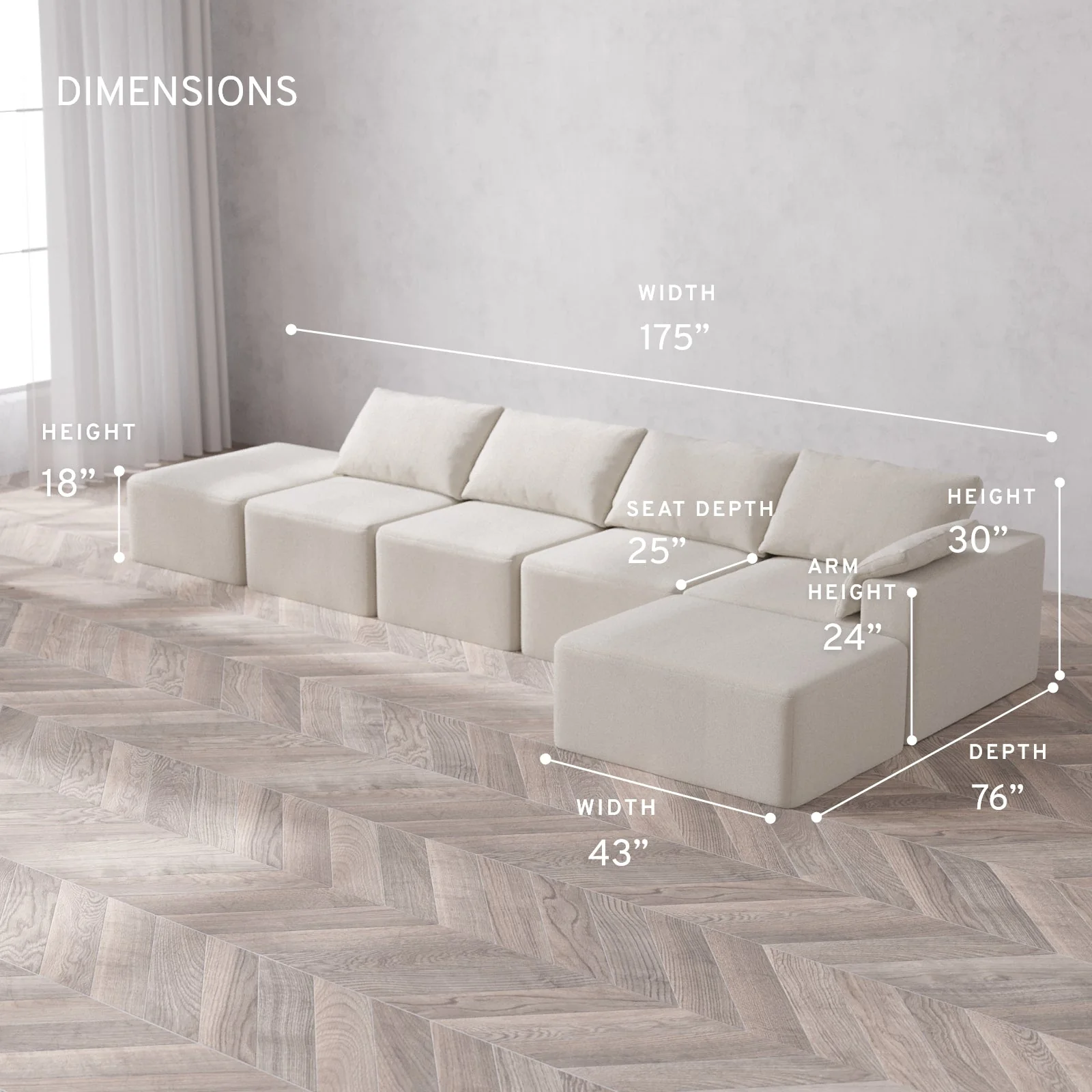 Modular Washable 4-Seater Open End Chaise Sectional Cloud Sofa | Right-Facing Arm | Lux Weave in Pearl - Image 5