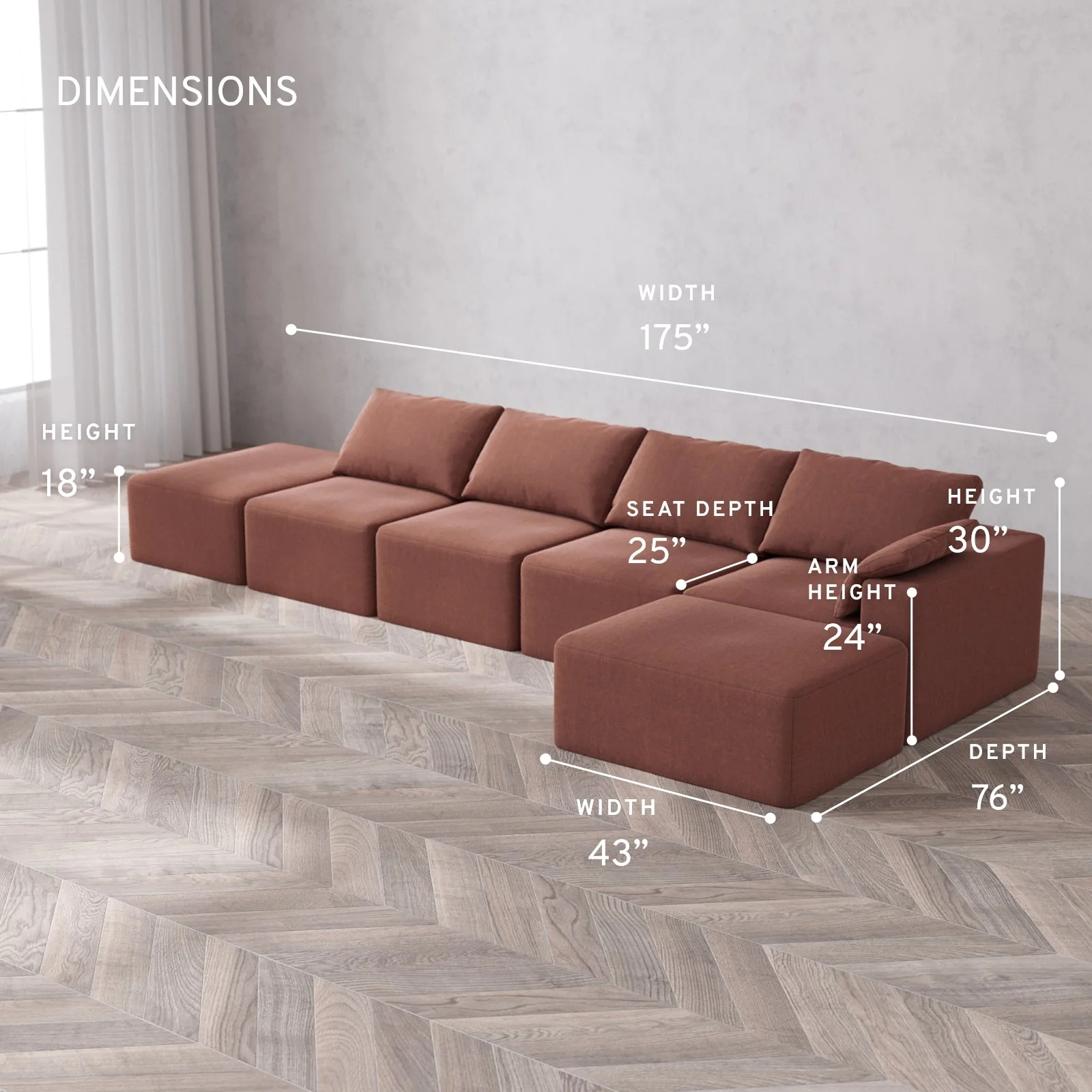 Modular Washable 4-Seater Open End Chaise Sectional Cloud Sofa | Right-Facing Arm | Heirloom Velvet in Sumac - Image 5