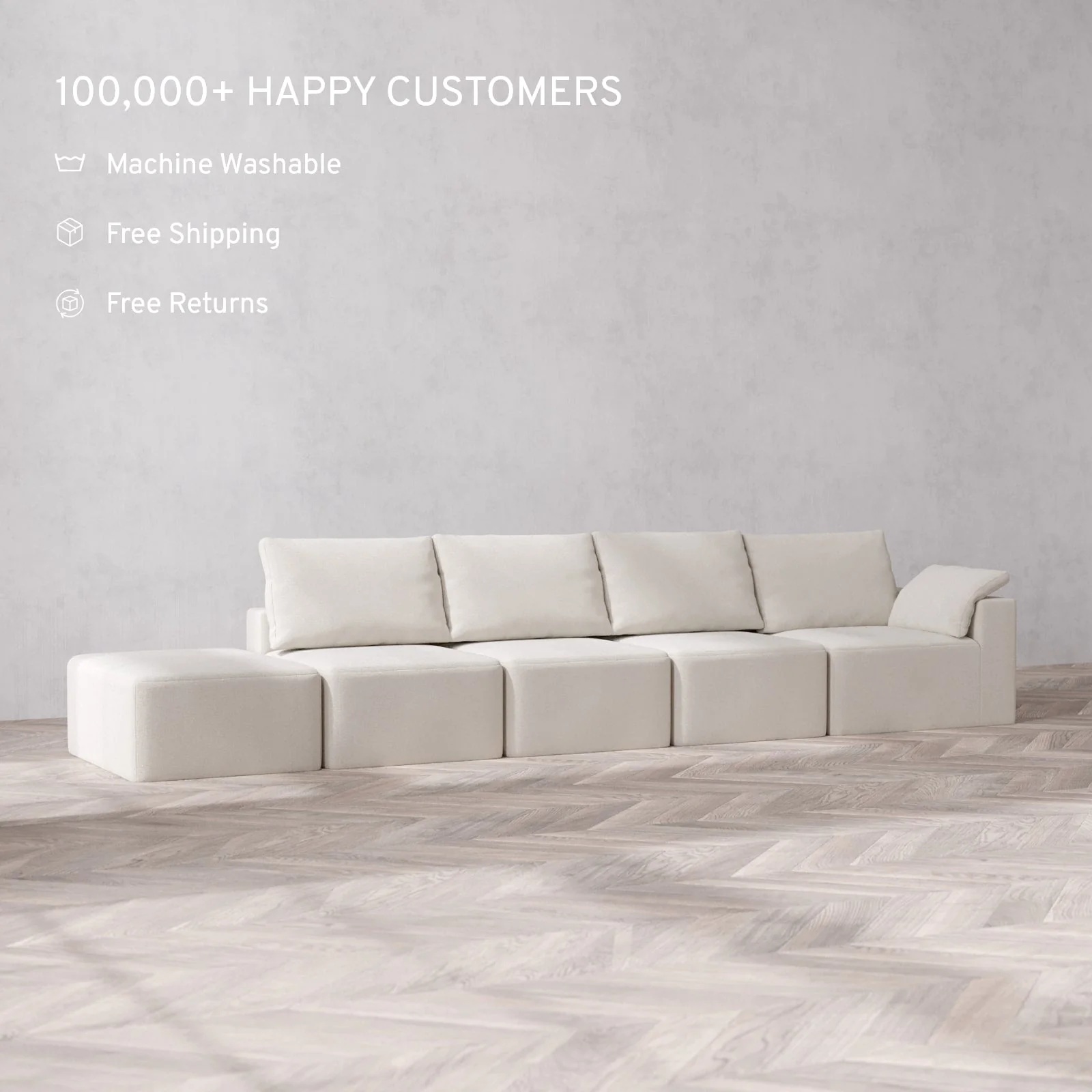 Modular Washable 4-Seater Open End Cloud + Bolster Sofa | Right-Facing Arm | Lux Weave in Pearl - Image 2