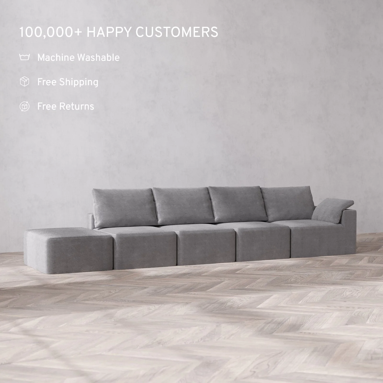 Modular Washable 4-Seater Open End Cloud + Bolster Sofa | Right-Facing Arm | Lux Weave in Slate - Image 2