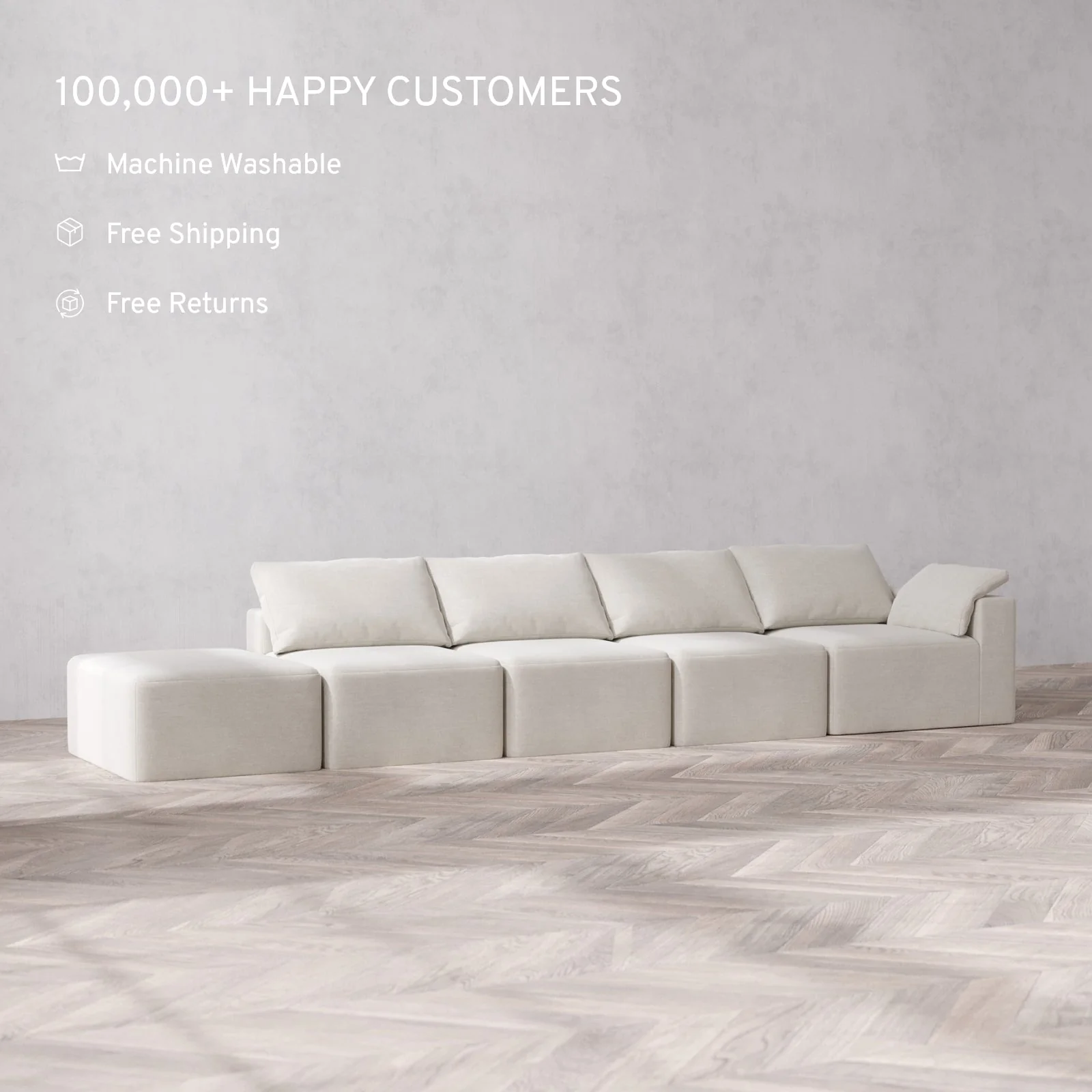 Modular Washable 4-Seater Open End Cloud Sofa | Right-Facing Arm | Satin Velvet in Cashew - Image 2