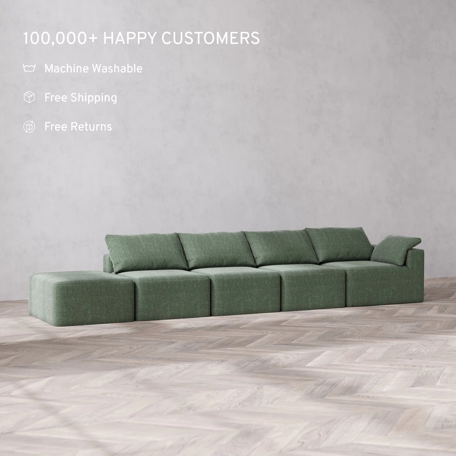 Modular Washable 4-Seater Open End Cloud Sofa | Right-Facing Arm | Heirloom Velvet in Sage - Image 2