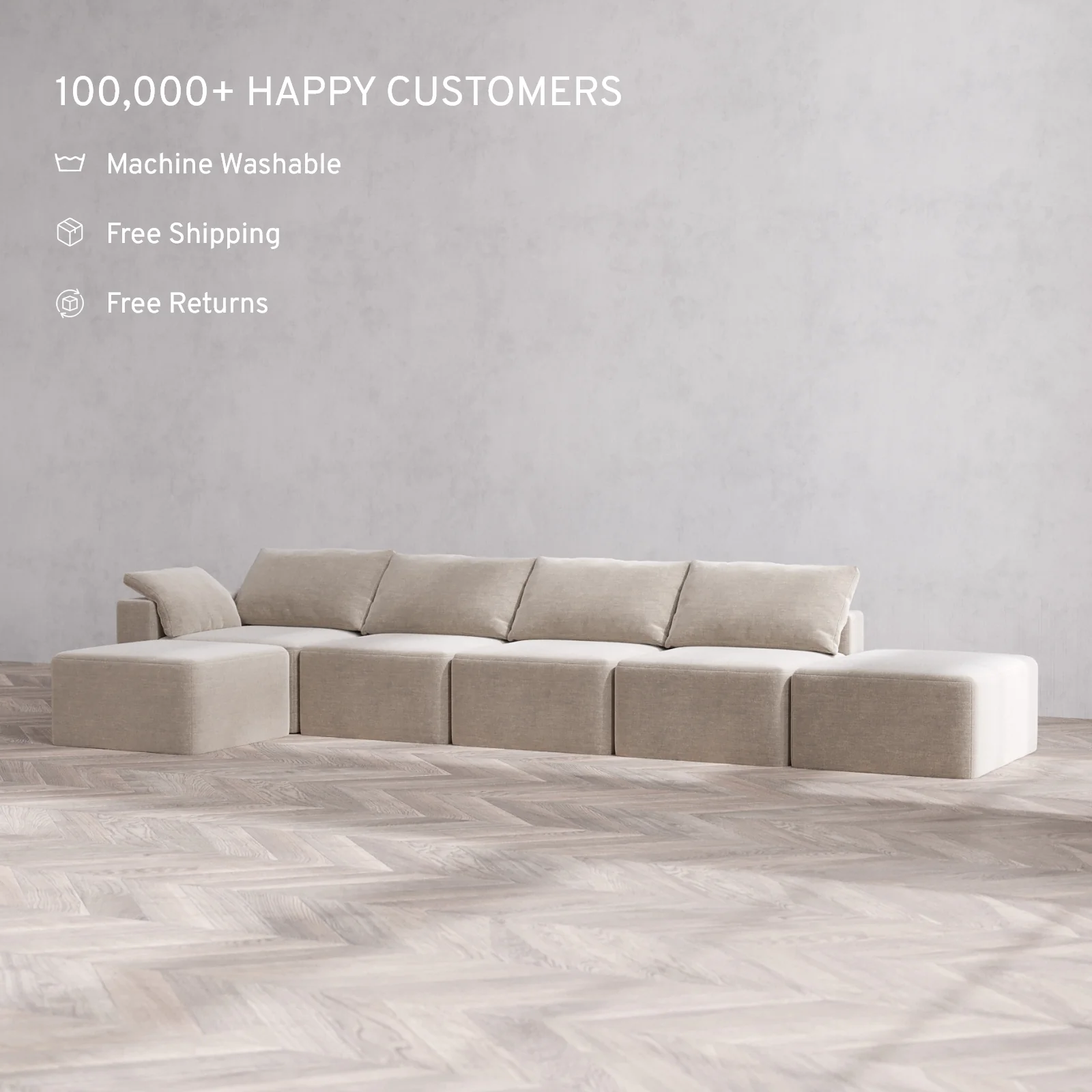 Modular Washable 4-Seater Open End Sectional Cloud Sofa | Left-Facing Arm | Satin Velvet in Caraway - Image 2
