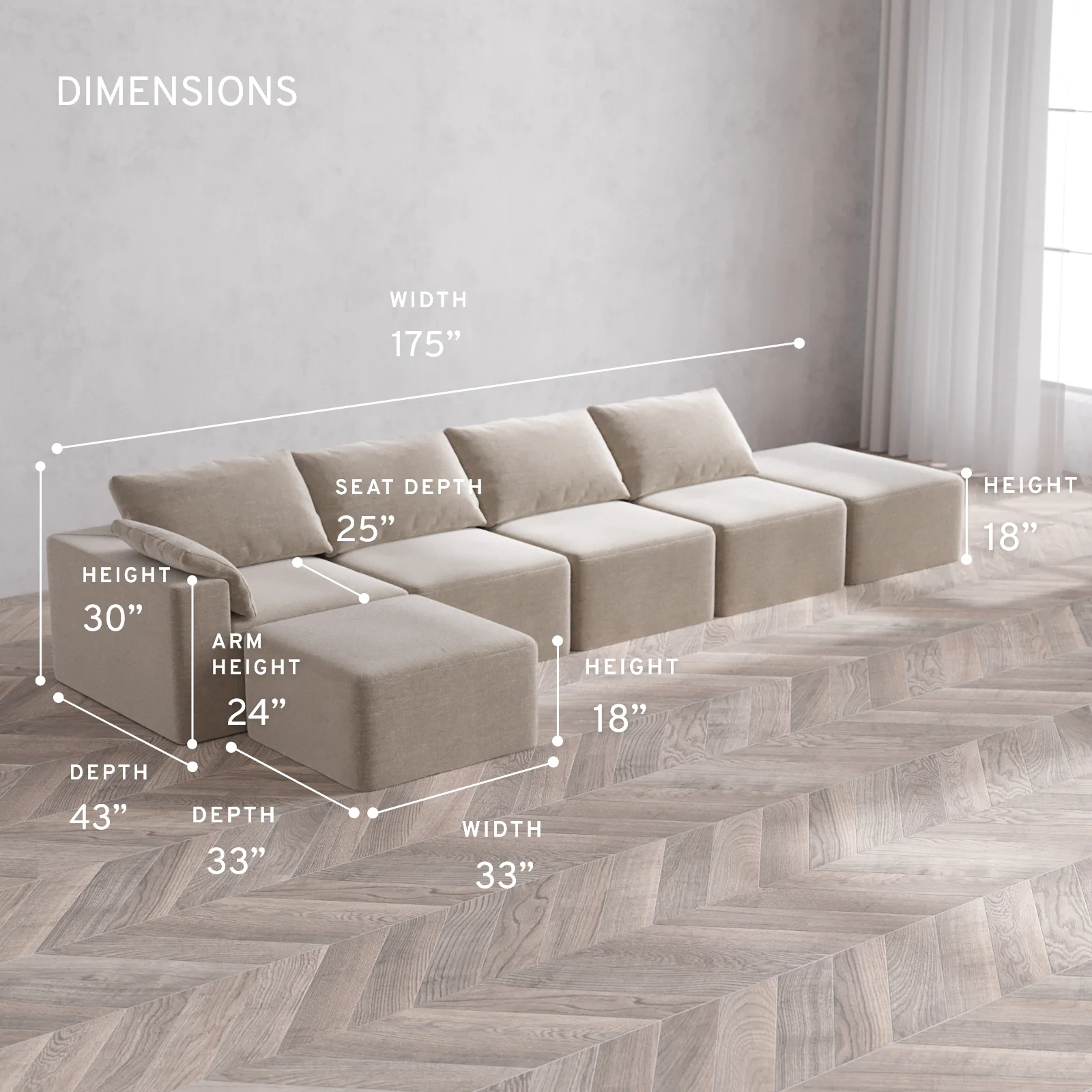 Modular Washable 4-Seater Open End Sectional Cloud Sofa | Left-Facing Arm | Satin Velvet in Caraway - Image 5