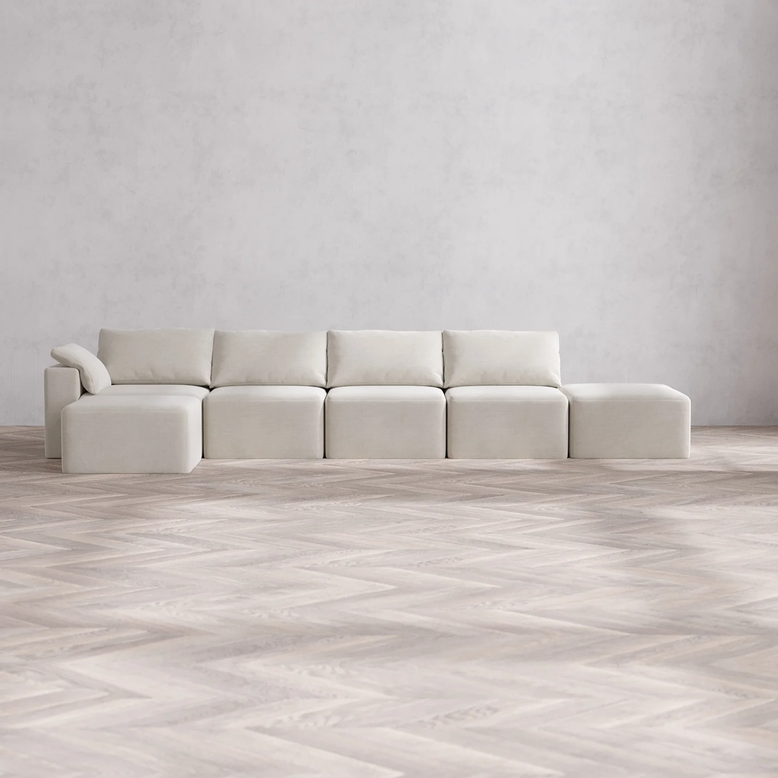 Modular Washable 4-Seater Open End Sectional Cloud Sofa | Left-Facing Arm | Satin Velvet in Cashew