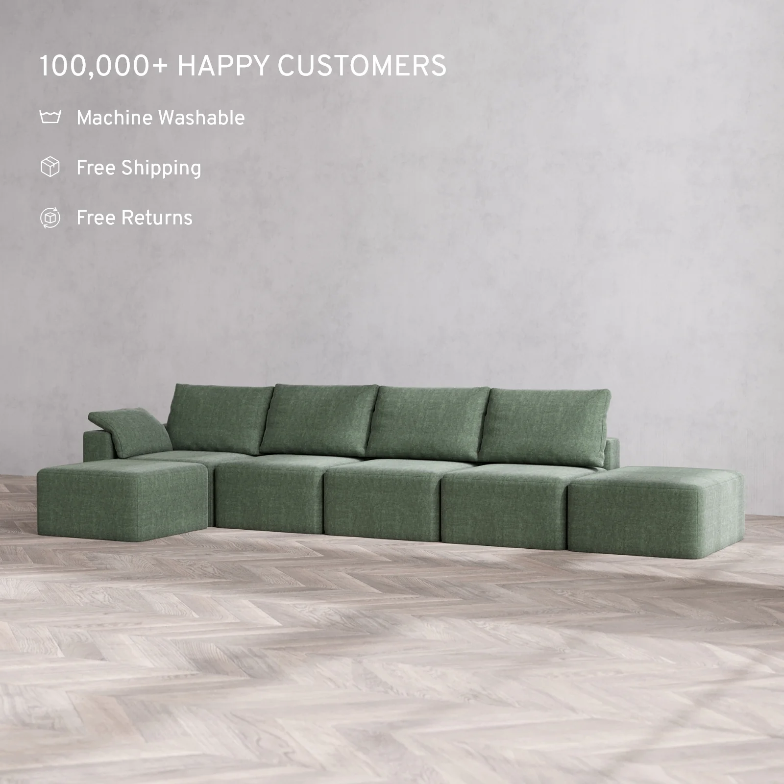 Modular Washable 4-Seater Open End Sectional Cloud + Bolster Sofa | Left-Facing Arm | Heirloom Velvet in Sage - Image 2