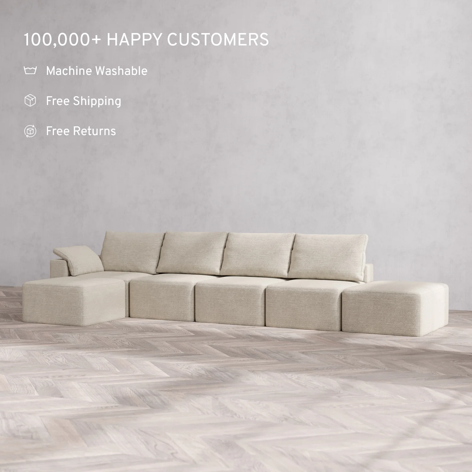 Modular Washable 4-Seater Open End Sectional Cloud + Bolster Sofa | Left-Facing Arm | Plush Twill in Sandstone - Image 2