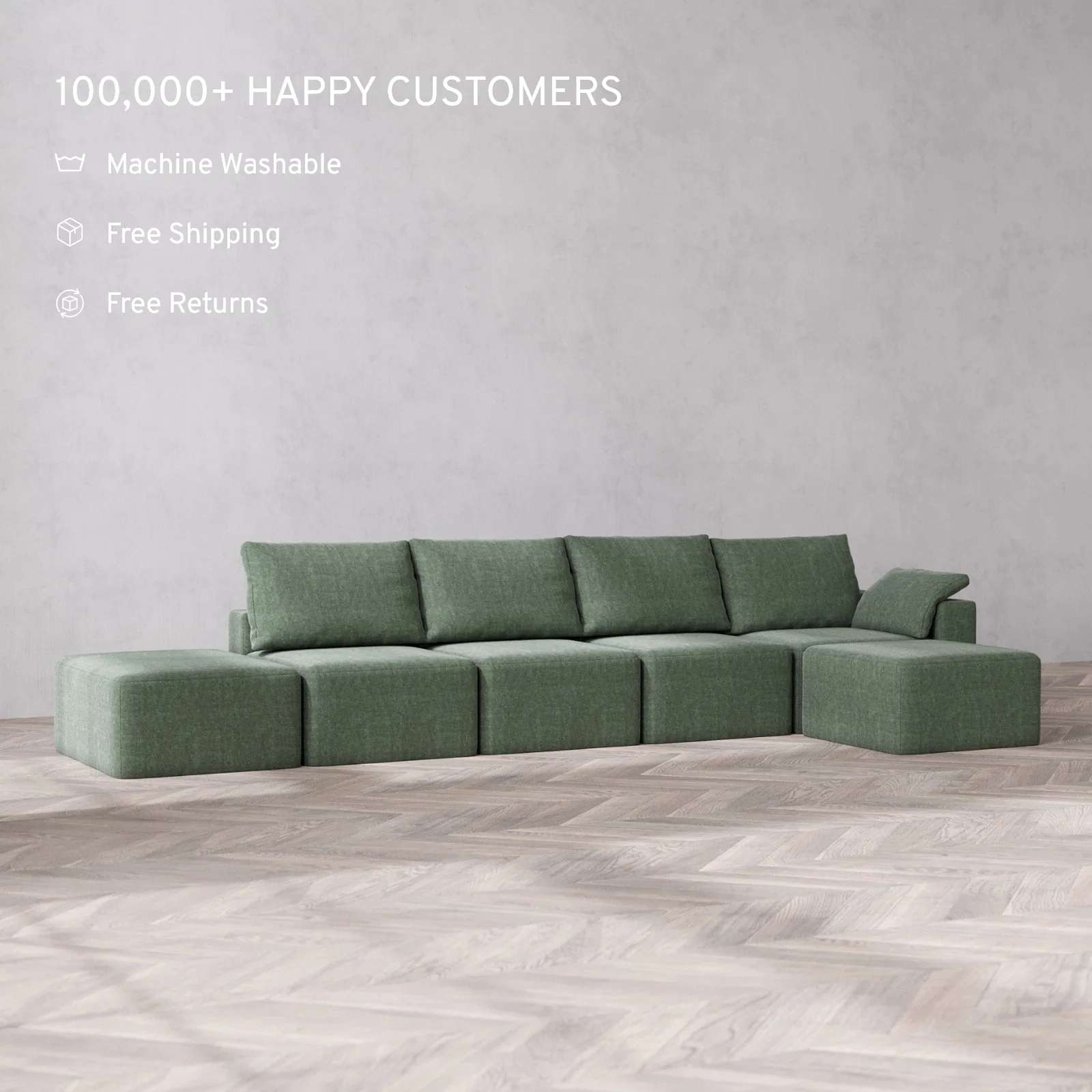 Modular Washable 4-Seater Open End Sectional Cloud + Bolster Sofa | Right-Facing Arm | Heirloom Velvet in Sage - Image 2