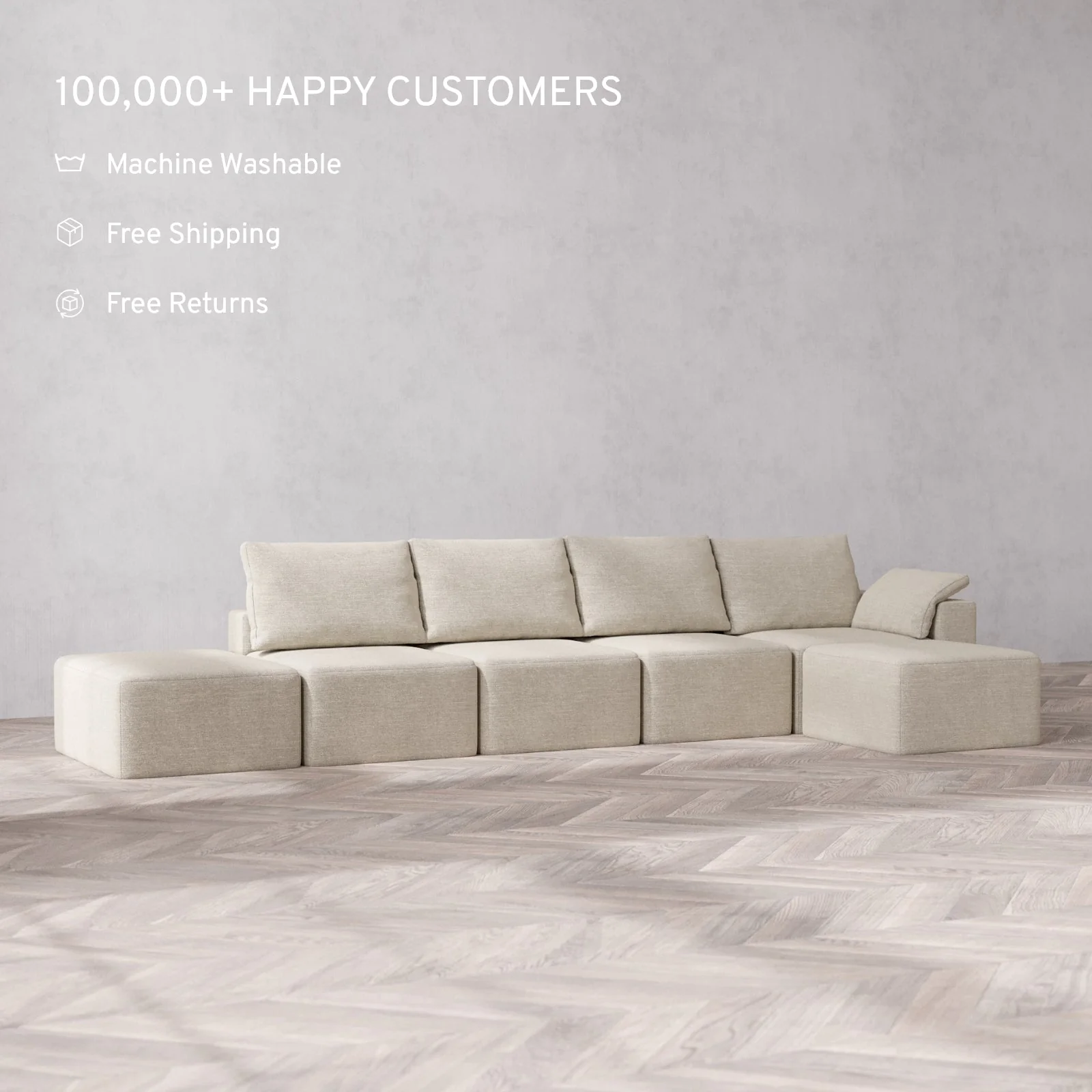 Modular Washable 4-Seater Open End Sectional Cloud + Bolster Sofa | Right-Facing Arm | Plush Twill in Sandstone - Image 2