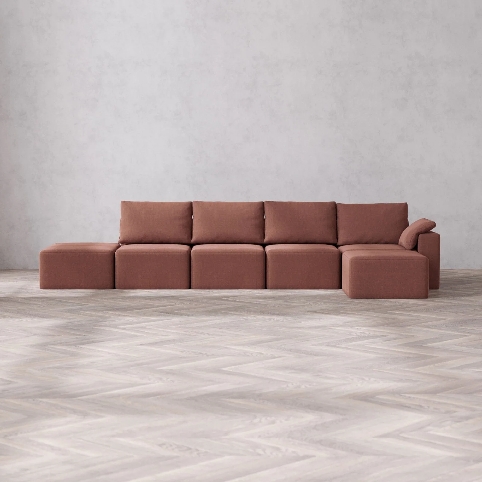 Modular Washable 4-Seater Open End Sectional Cloud + Bolster Sofa | Right-Facing Arm | Heirloom Velvet in Sumac