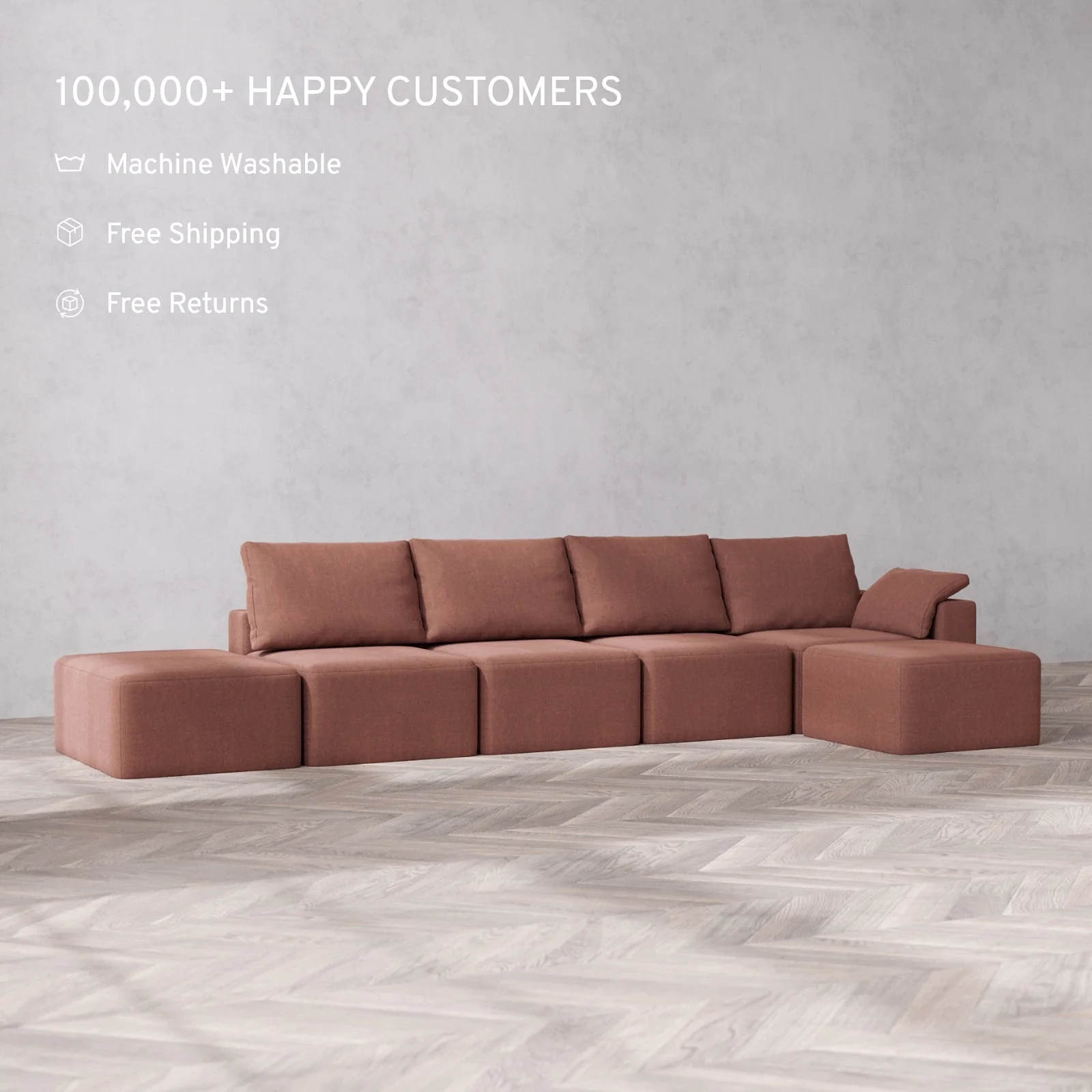 Modular Washable 4-Seater Open End Sectional Cloud + Bolster Sofa | Right-Facing Arm | Heirloom Velvet in Sumac - Image 2