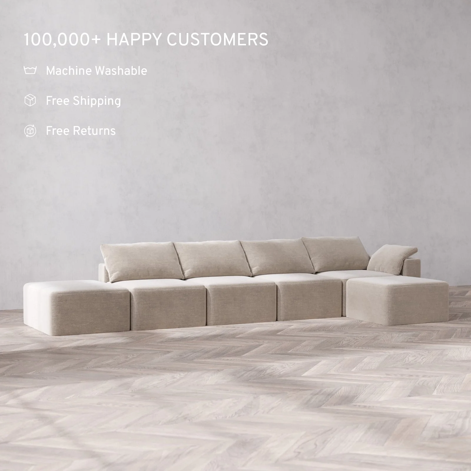 Modular Washable 4-Seater Open End Sectional Cloud Sofa | Right-Facing Arm | Satin Velvet in Caraway - Image 2