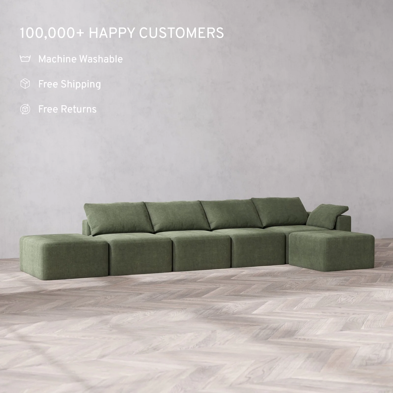 Modular Washable 4-Seater Open End Sectional Cloud Sofa | Right-Facing Arm | Luxe Corduroy in Juniper - Image 2