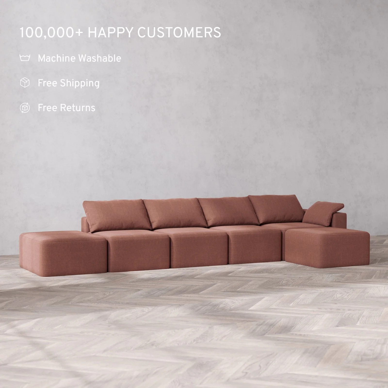 Modular Washable 4-Seater Open End Sectional Cloud Sofa | Right-Facing Arm | Heirloom Velvet in Sumac - Image 2
