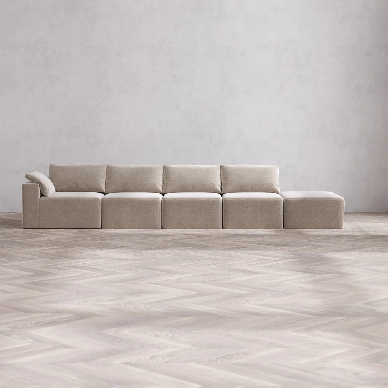 Modular Washable 4-Seater Open End Cloud Sofa | Left-Facing Arm | Satin Velvet in Caraway