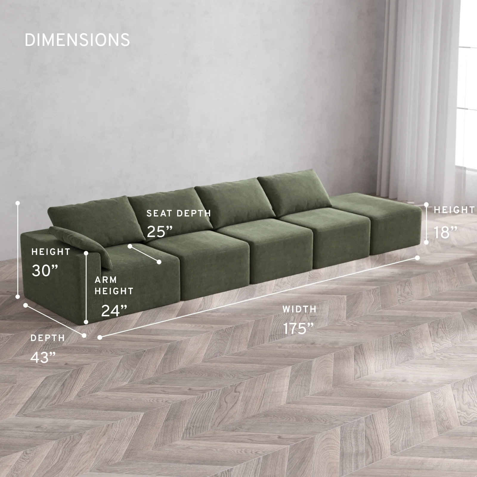 Modular Washable 4-Seater Open End Cloud Sofa | Left-Facing Arm | Luxe Corduroy in Juniper - Image 5