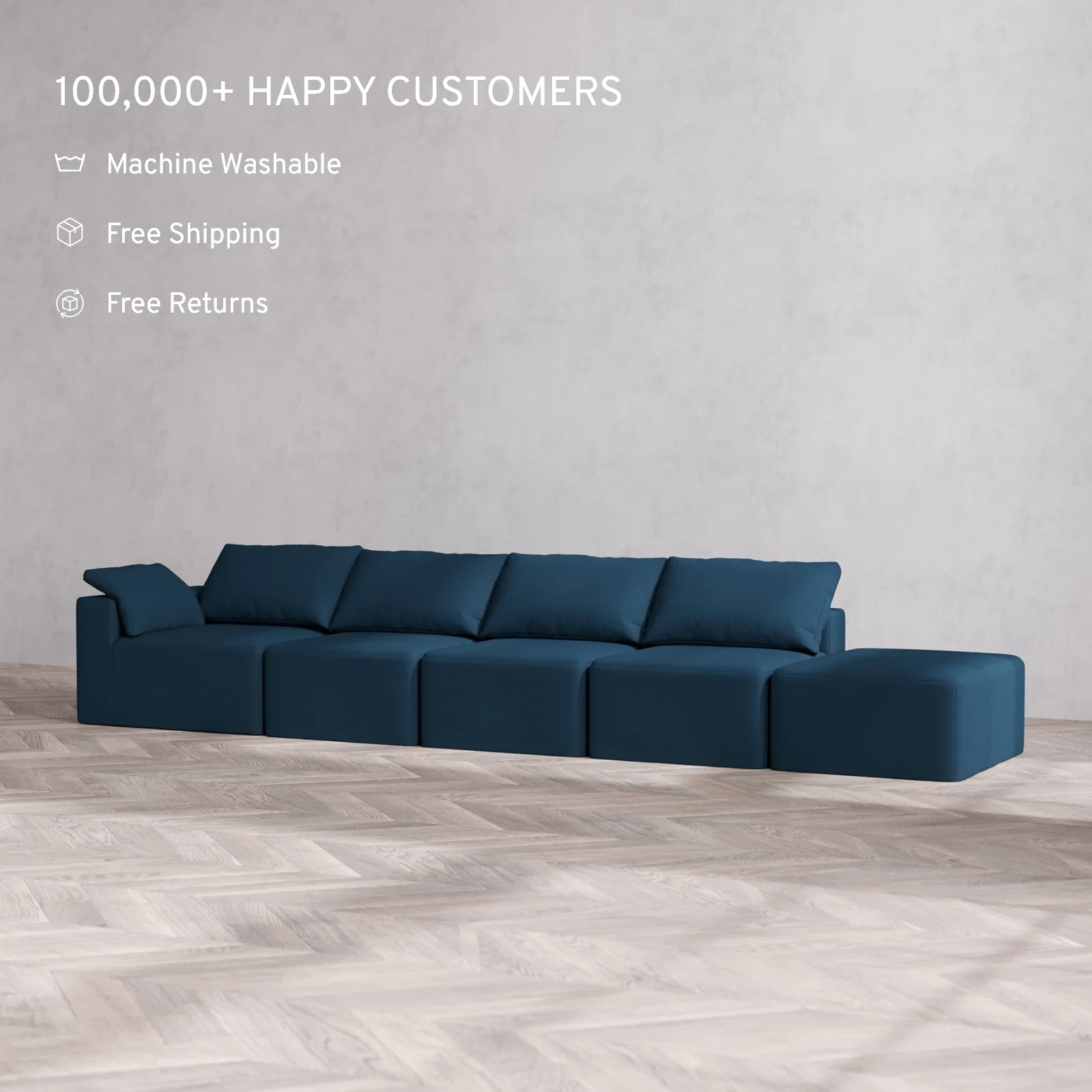 Modular Washable 4-Seater Open End Cloud Sofa | Left-Facing Arm | Arden Weave in Lazuli - Image 2