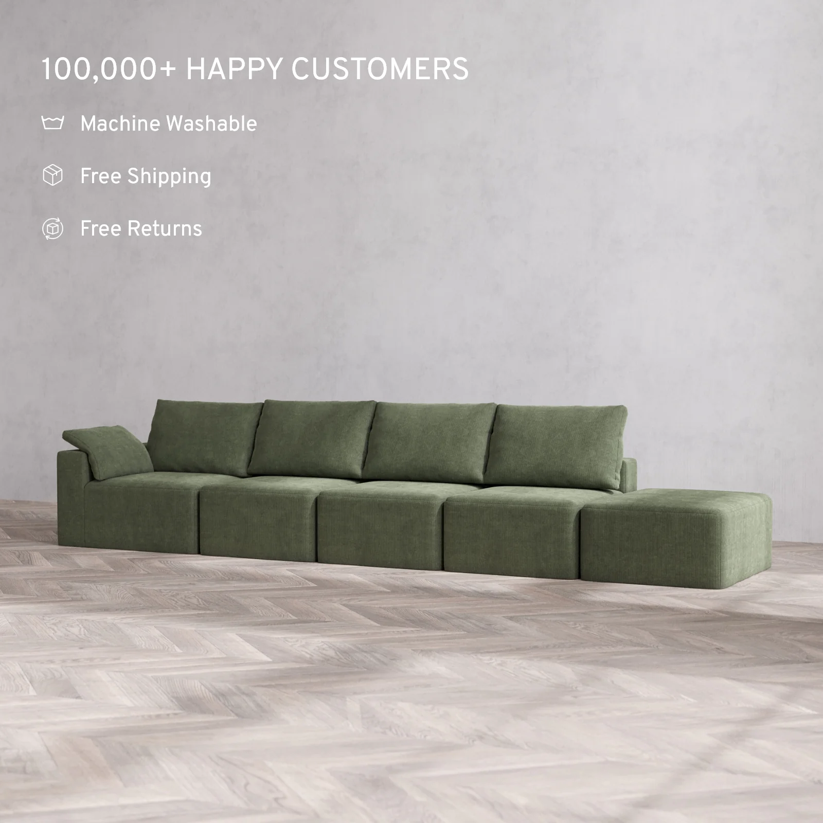 Modular Washable 4-Seater Open End Cloud + Bolster Sofa | Left-Facing Arm | Luxe Corduroy in Juniper - Image 2