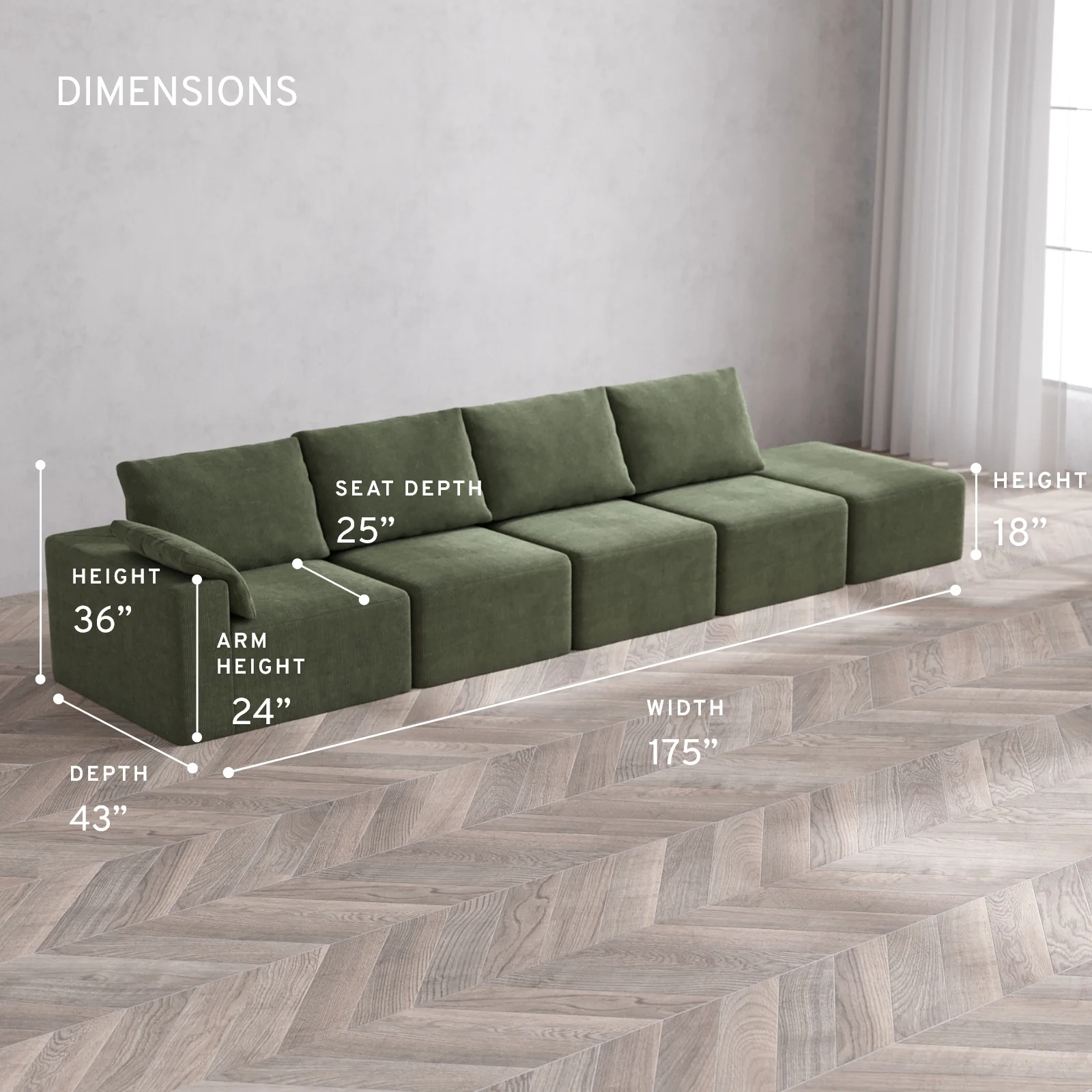 Modular Washable 4-Seater Open End Cloud + Bolster Sofa | Left-Facing Arm | Luxe Corduroy in Juniper - Image 5