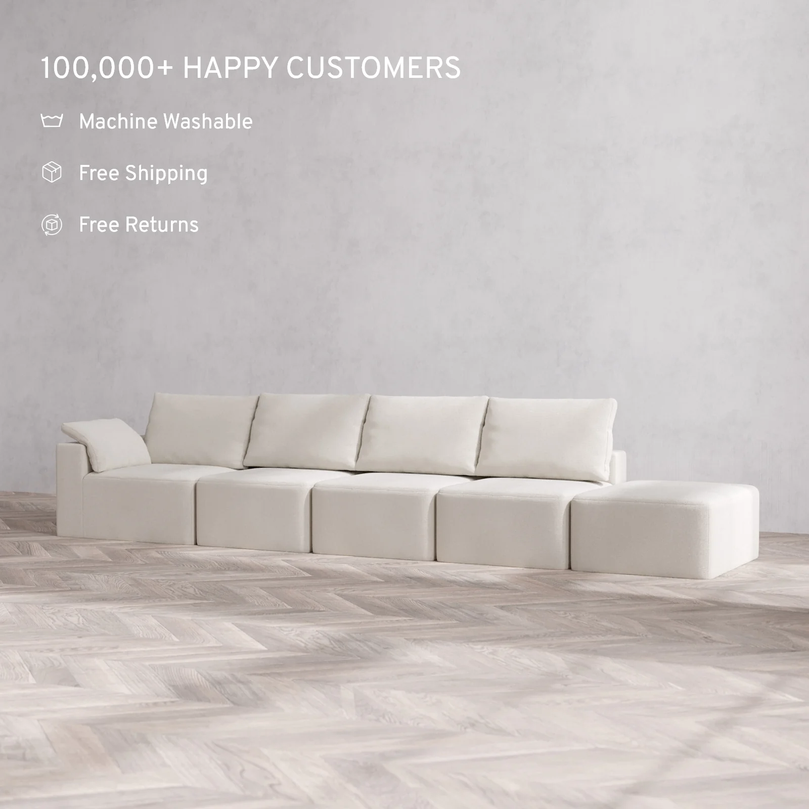Modular Washable 4-Seater Open End Cloud + Bolster Sofa | Left-Facing Arm | Lux Weave in Pearl - Image 2
