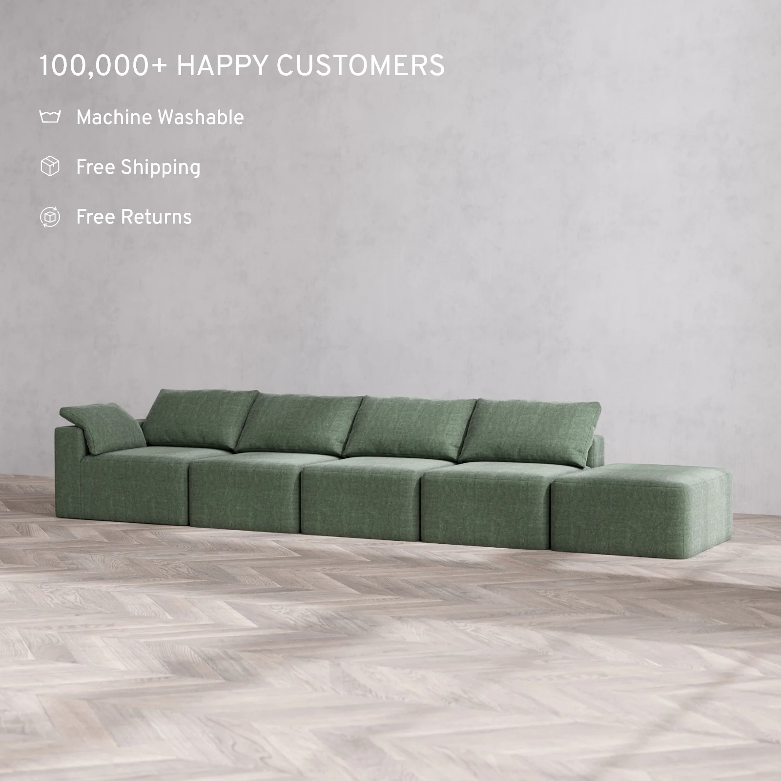 Modular Washable 4-Seater Open End Cloud Sofa | Left-Facing Arm | Heirloom Velvet in Sage - Image 2