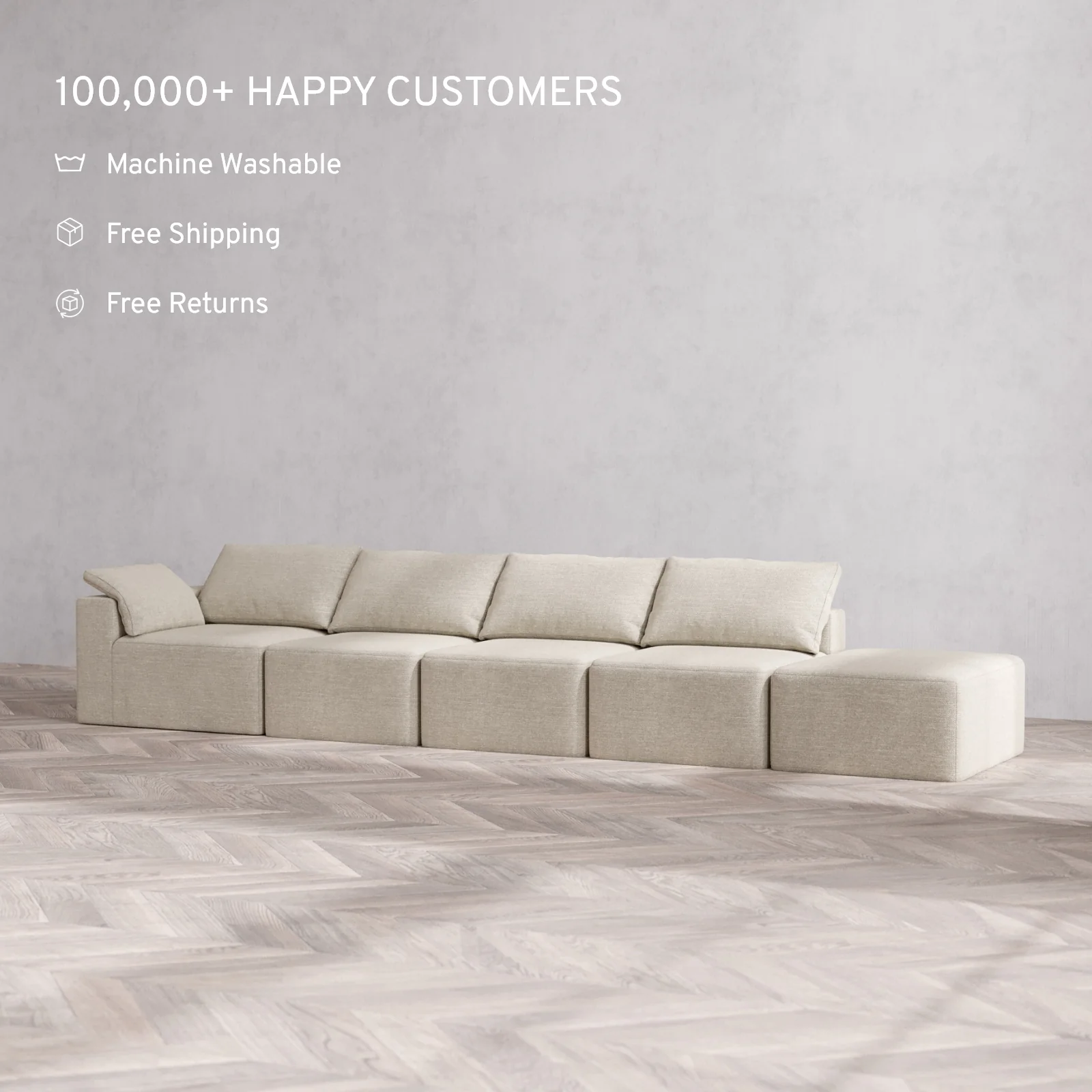 Modular Washable 4-Seater Open End Cloud Sofa | Left-Facing Arm | Plush Twill in Sandstone - Image 2