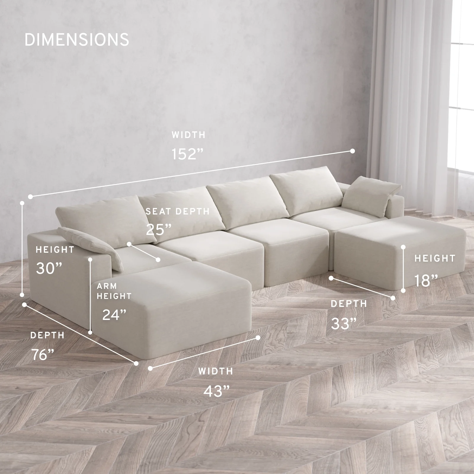 Modular Washable 4-Seater Open-Ends U Sectional Cloud Sofa | Satin Velvet in Cashew - Image 5