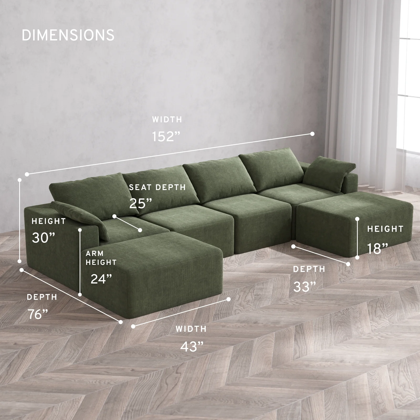 Modular Washable 4-Seater Open-Ends U Sectional Cloud Sofa | Luxe Corduroy in Juniper - Image 5