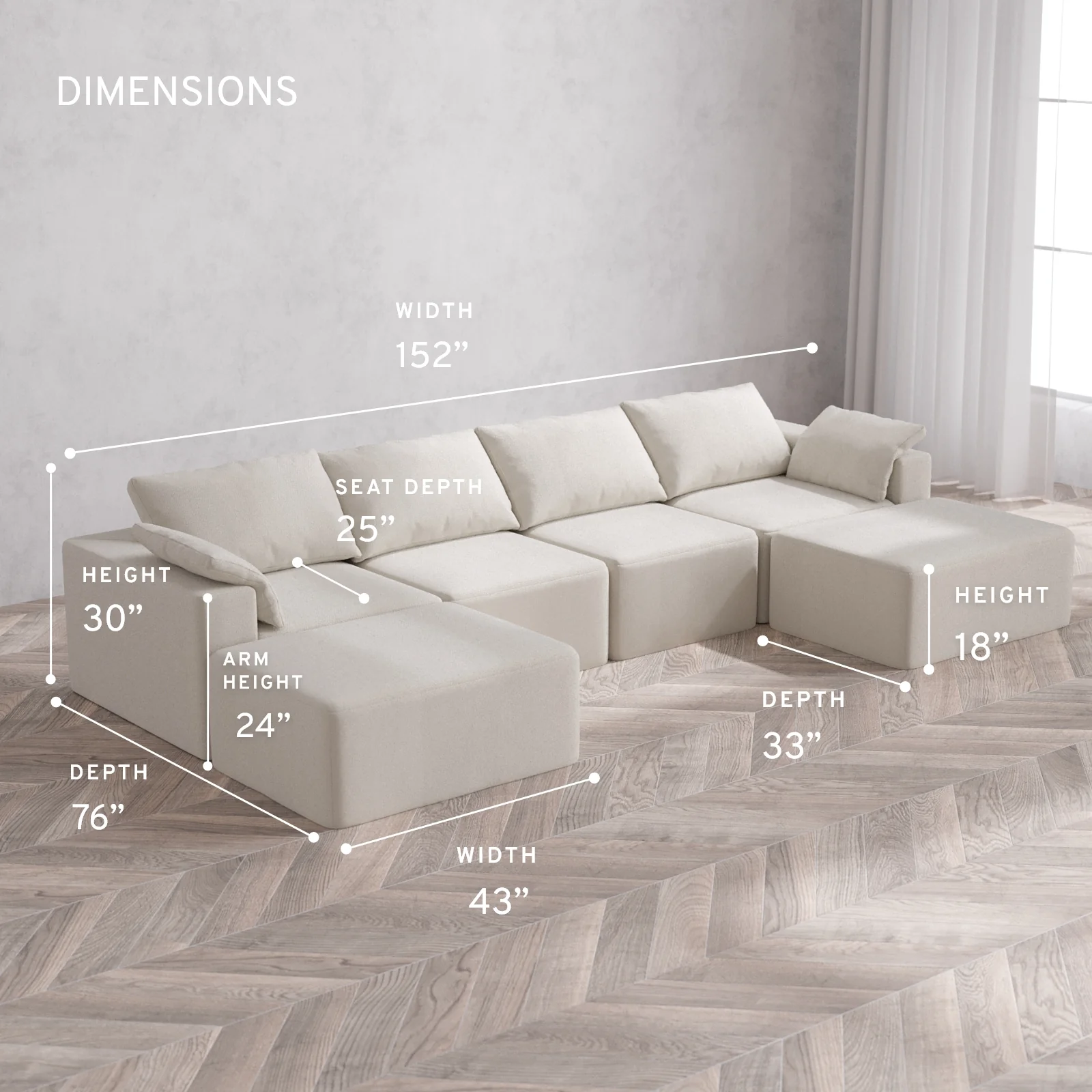 Modular Washable 4-Seater Open-Ends U Sectional Cloud Sofa | Lux Weave in Pearl - Image 5