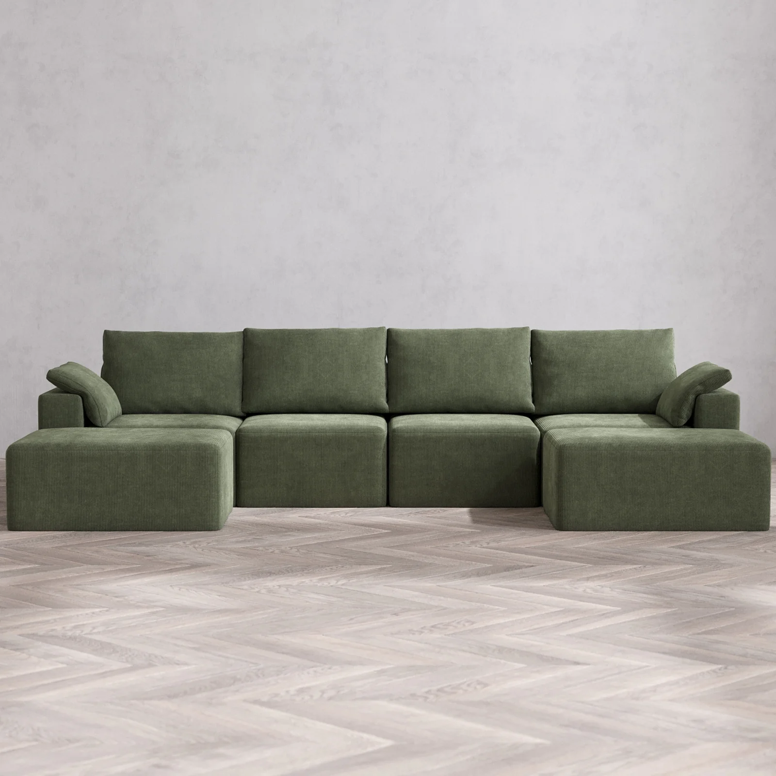 Modular Washable 4-Seater Open-Ends U Sectional Cloud + Bolster Sofa | Luxe Corduroy in Juniper