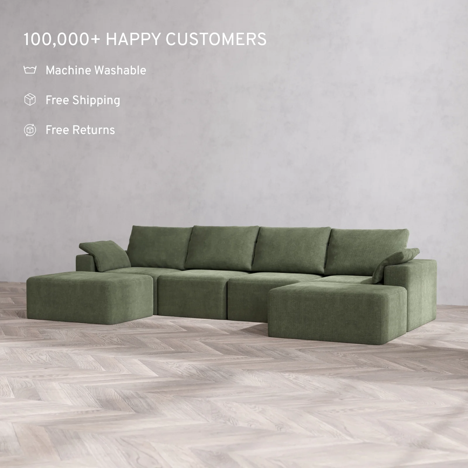 Modular Washable 4-Seater Open-Ends U Sectional Cloud + Bolster Sofa | Luxe Corduroy in Juniper - Image 2