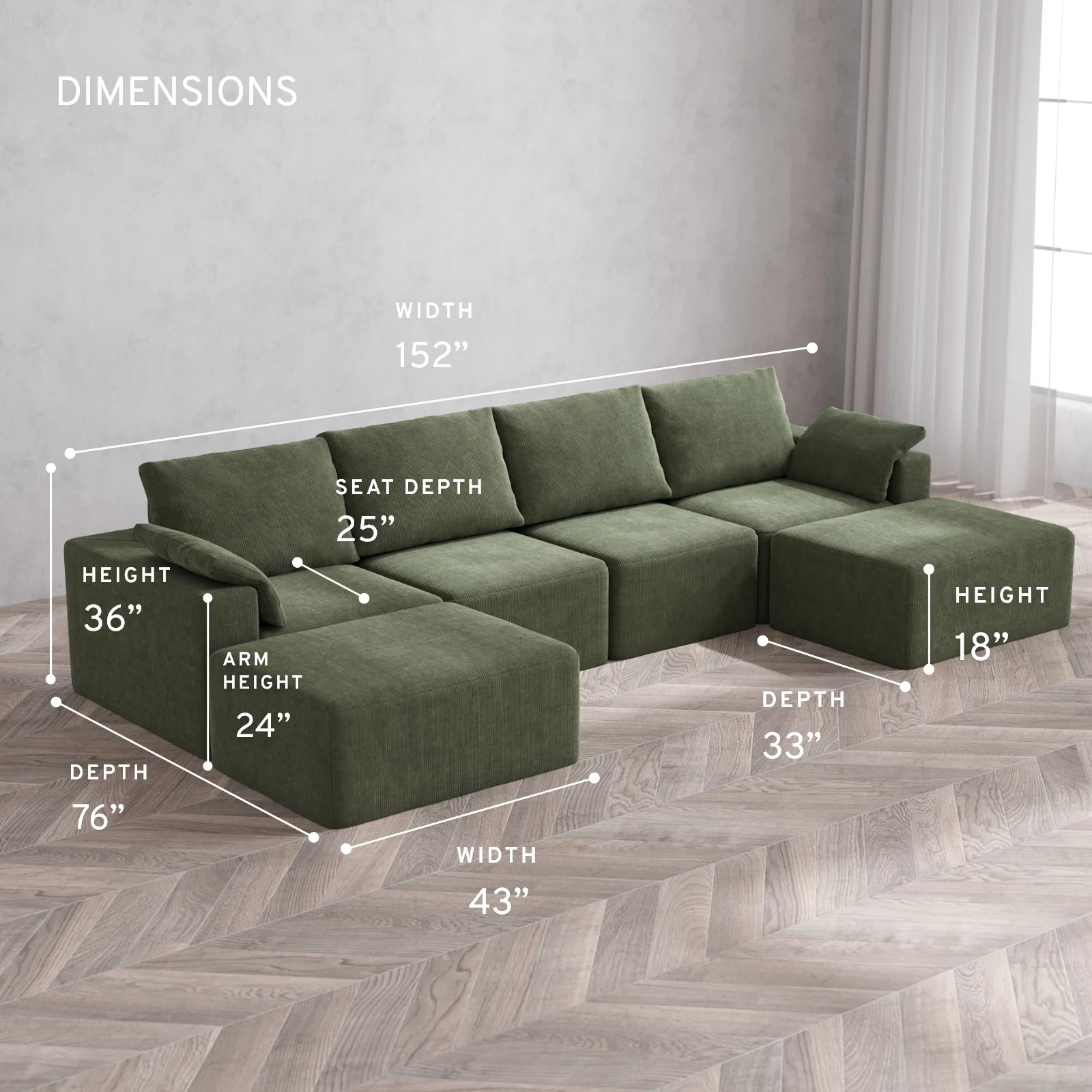 Modular Washable 4-Seater Open-Ends U Sectional Cloud + Bolster Sofa | Luxe Corduroy in Juniper - Image 5