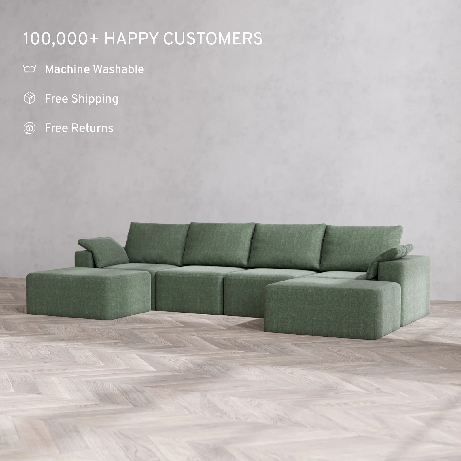 Modular Washable 4-Seater Open-Ends U Sectional Cloud + Bolster Sofa | Heirloom Velvet in Sage - Image 2