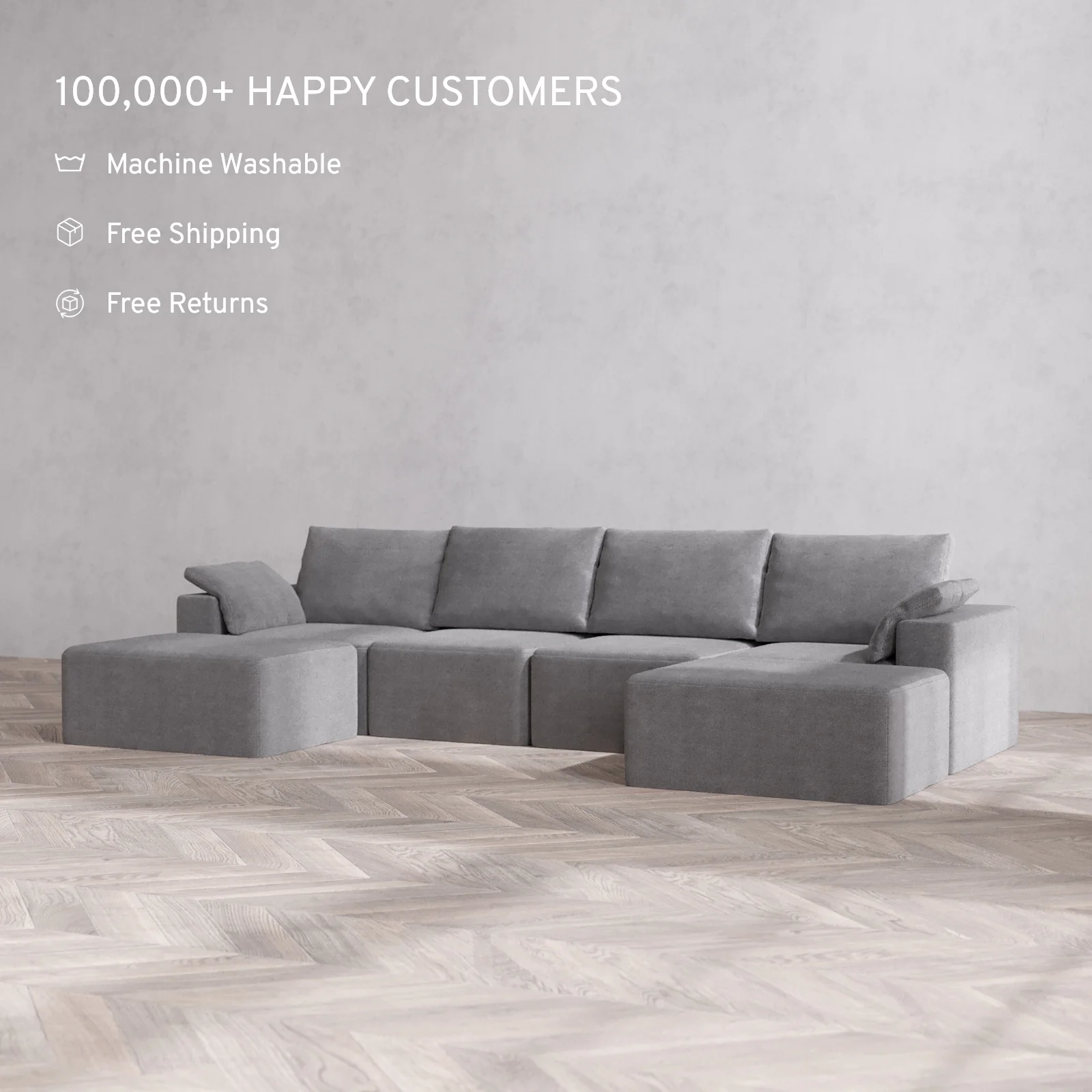Modular Washable 4-Seater Open-Ends U Sectional Cloud + Bolster Sofa | Lux Weave in Slate - Image 2