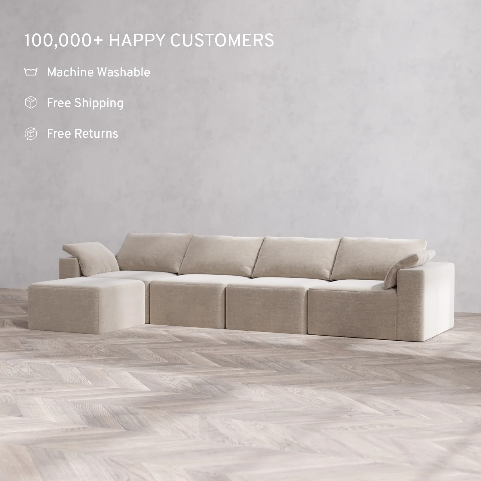 Modular Washable 4-Seater Sectional Cloud Sofa | Satin Velvet in Caraway - Image 2