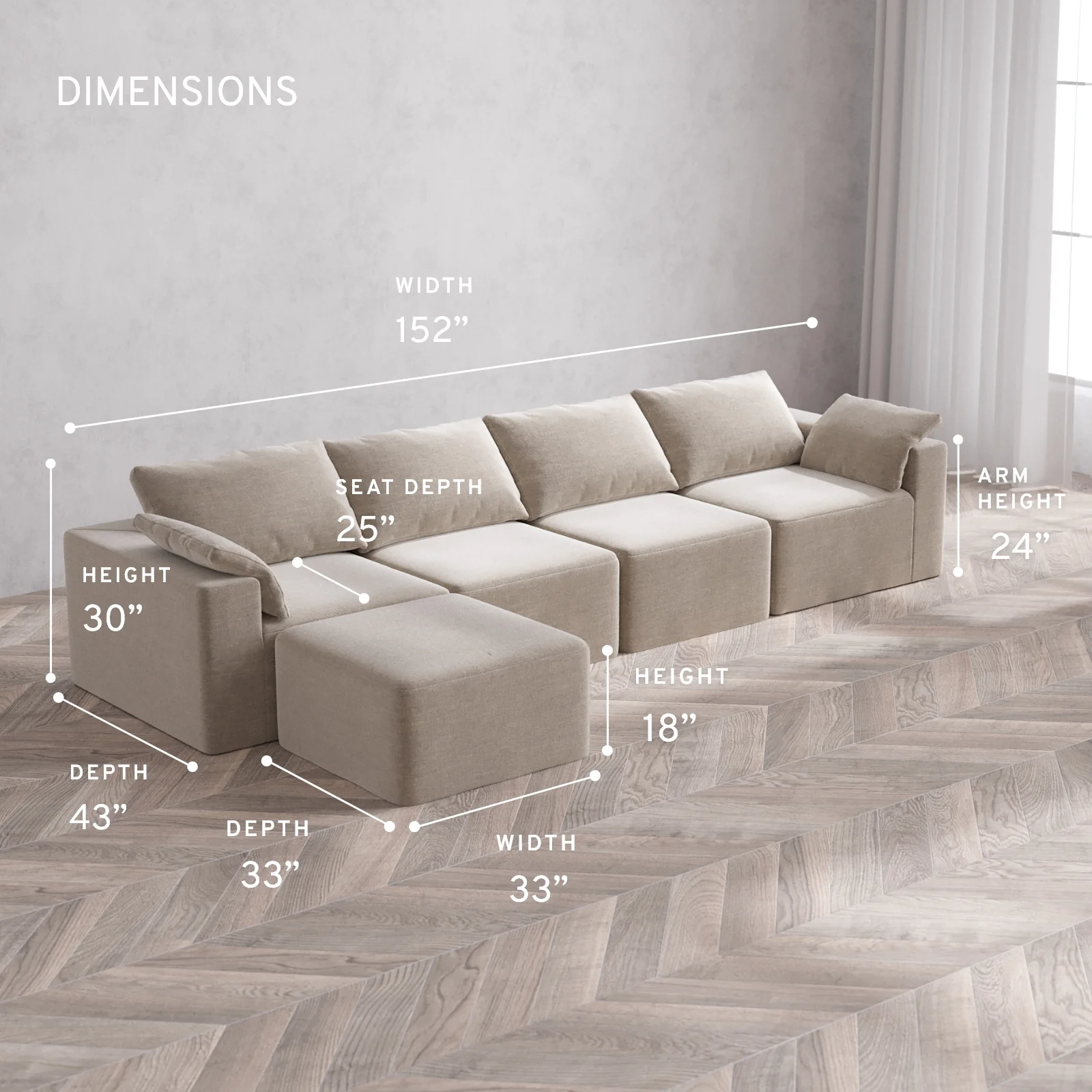 Modular Washable 4-Seater Sectional Cloud Sofa | Satin Velvet in Caraway - Image 5