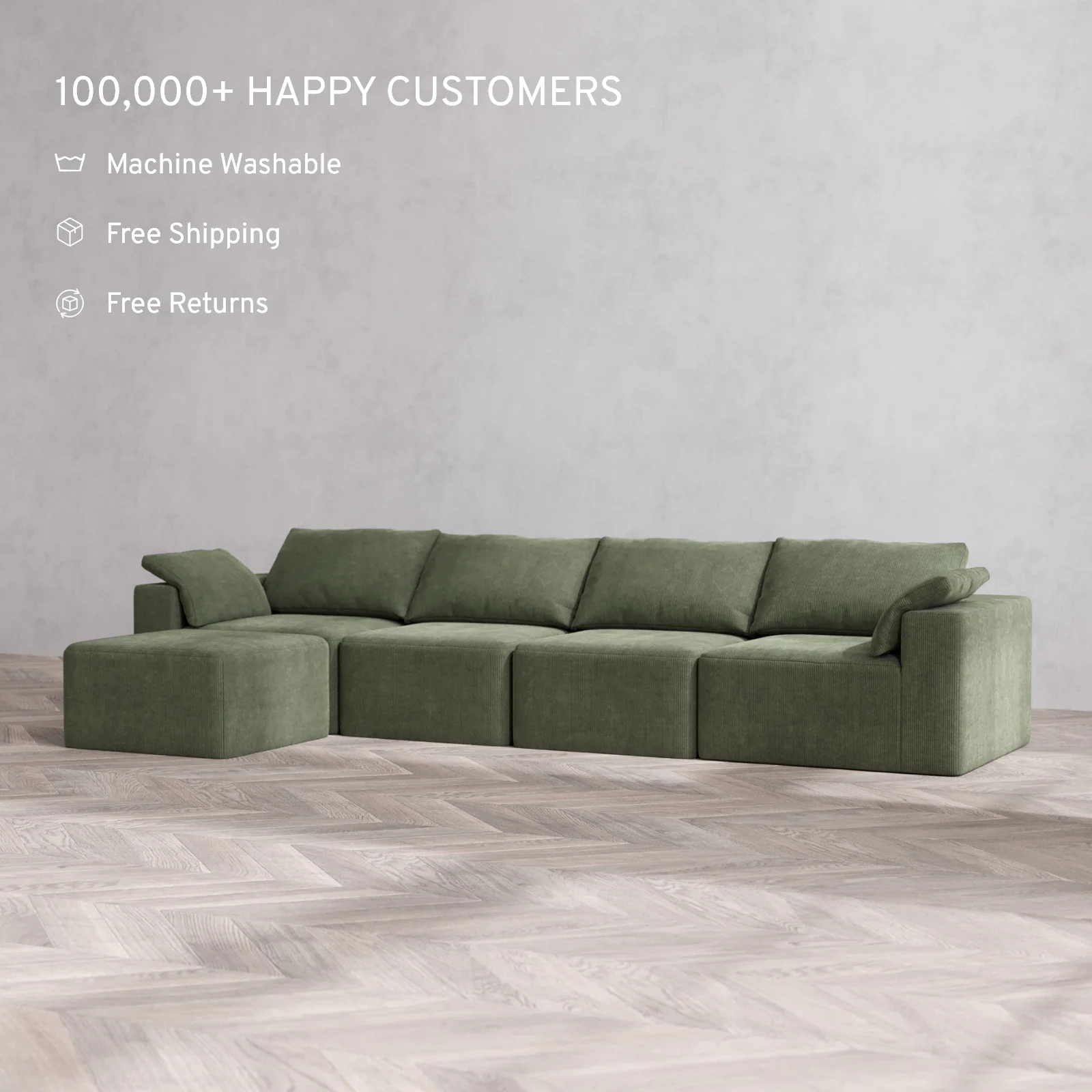 Modular Washable 4-Seater Sectional Cloud Sofa | Luxe Corduroy in Juniper - Image 2