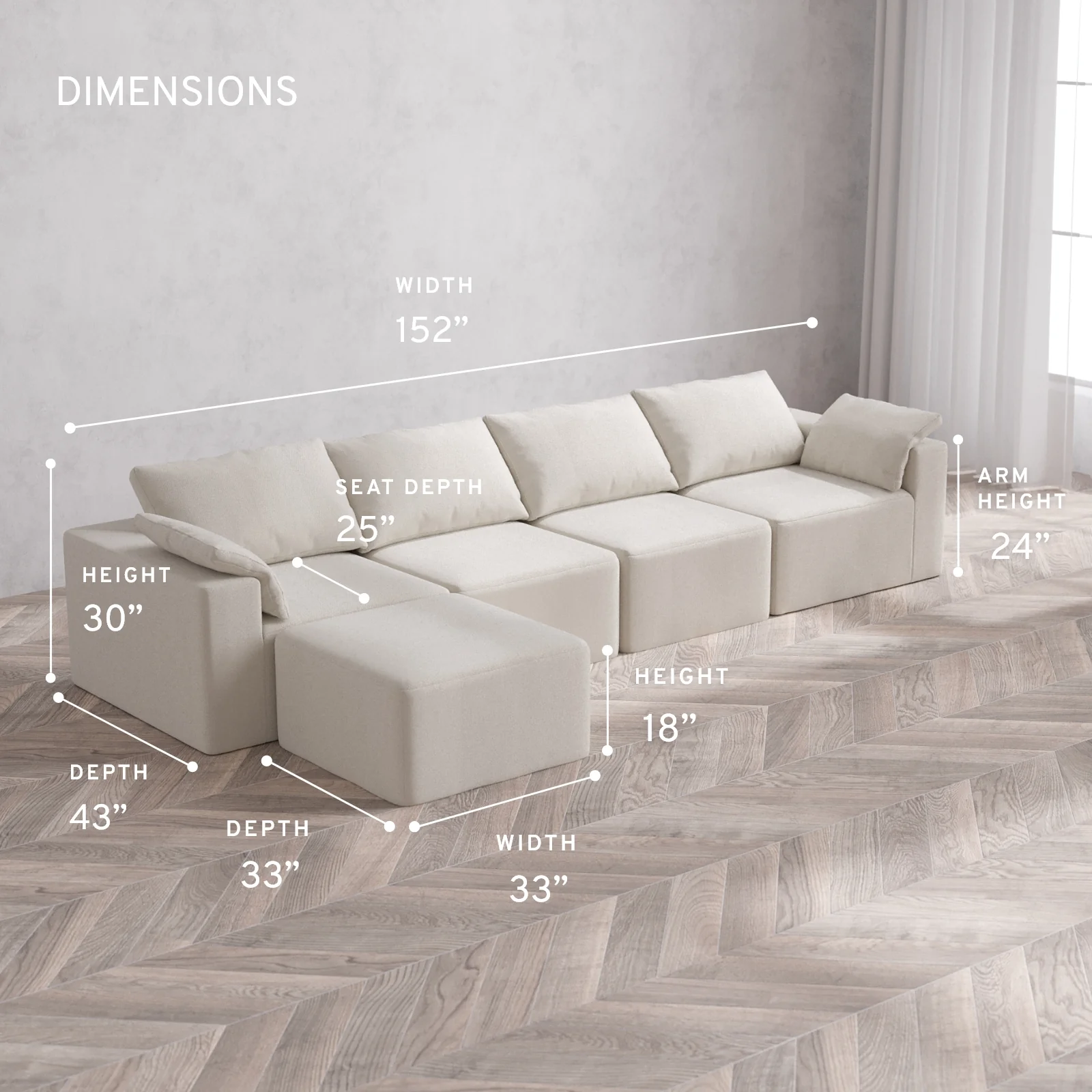 Modular Washable 4-Seater Sectional Cloud Sofa | Lux Weave in Pearl - Image 5