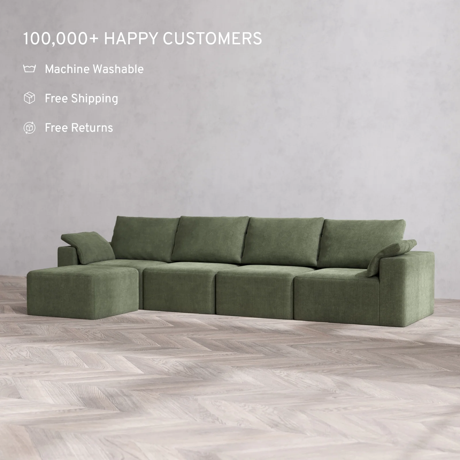 Modular Washable 4-Seater Sectional Cloud + Bolster Sofa | Luxe Corduroy in Juniper - Image 2