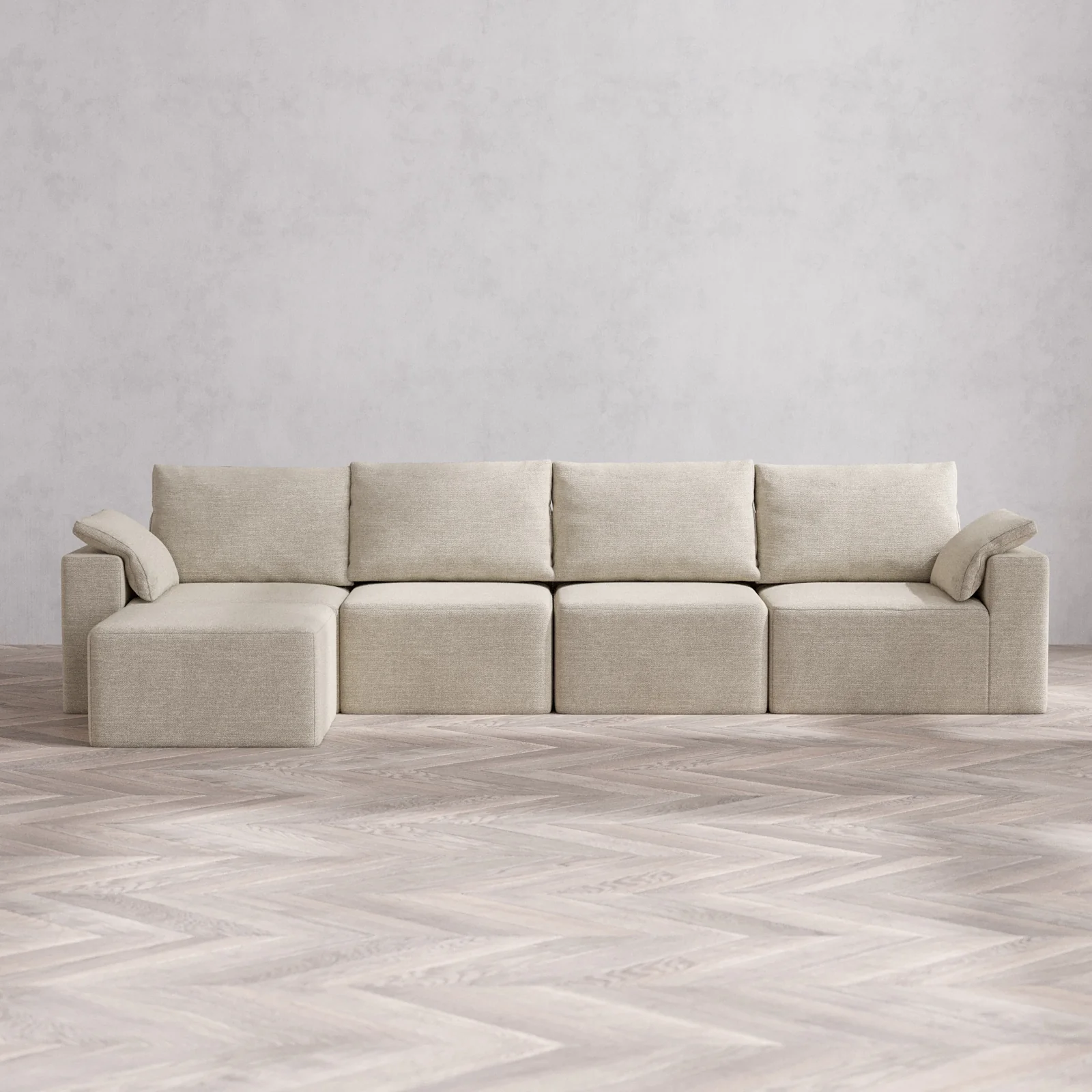 Modular Washable 4-Seater Sectional Cloud + Bolster Sofa | Plush Twill in Sandstone